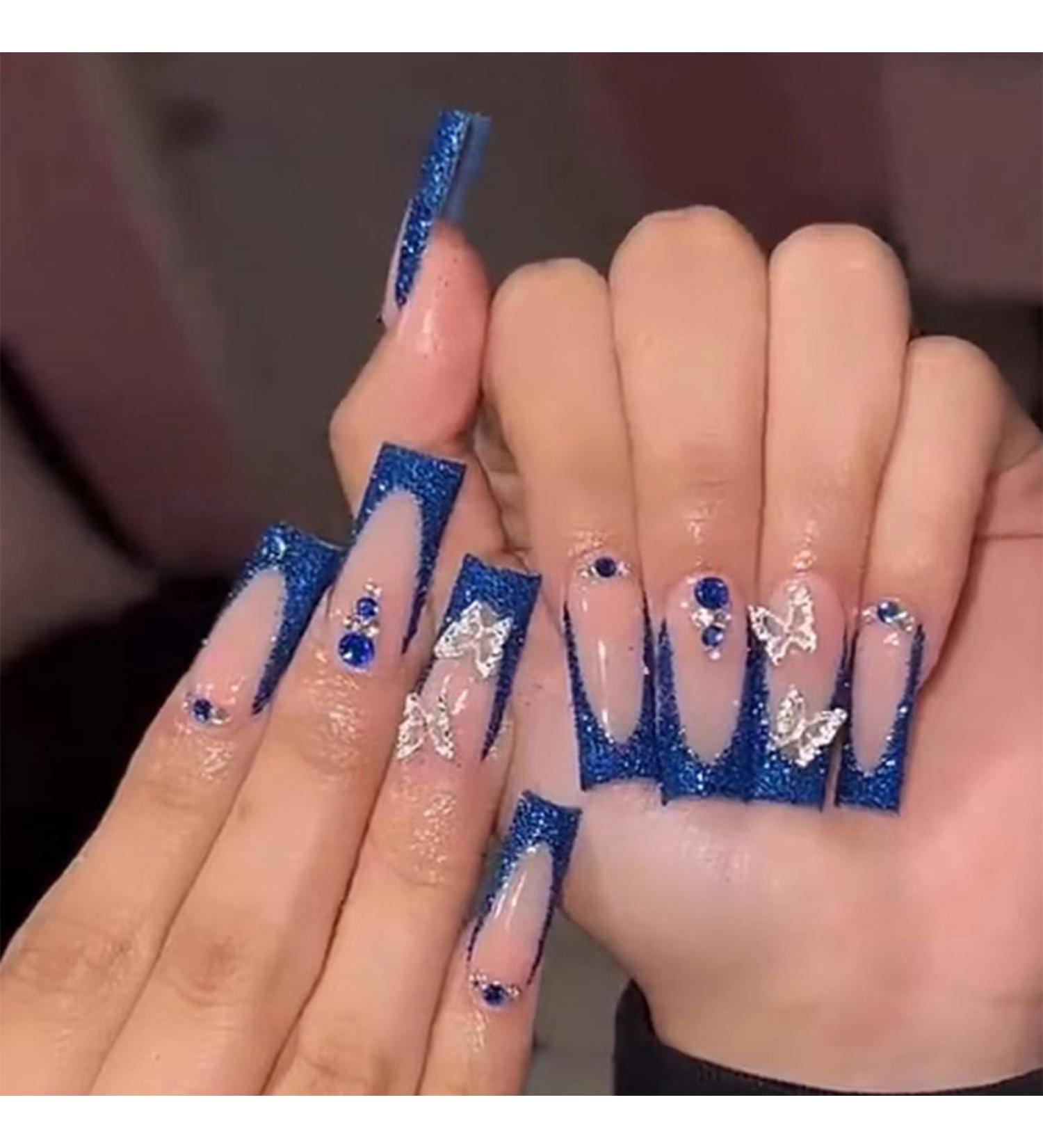 24pcs Long Coffin False Nails French Tip Glitter Blue Stick on Nails Press on Nails with Butterfly Removable Glue-on Nails Full Cover Fake Nails Women Girls Nail Art Accessories 0267Y32 - Buy Online on GoSupps.com