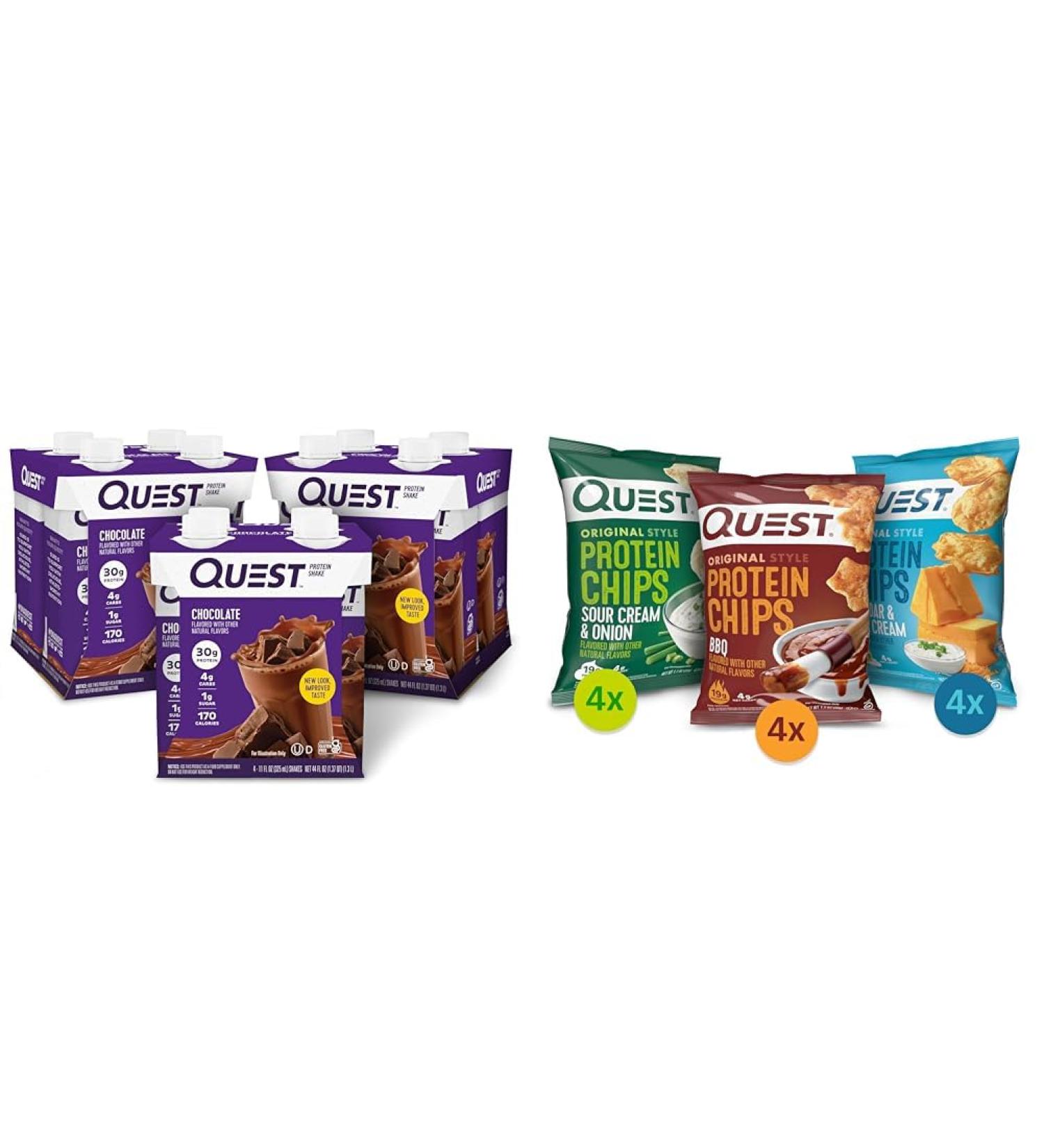 Quest Nutrition Ready To Drink Chocolate Protein Shake High Protein Low Carb Gluten Free & Protein Chips Variety Pack (BBQ Cheddar & Sour Cream Sour Cream & Onion) - Buy Online on GoSupps.com