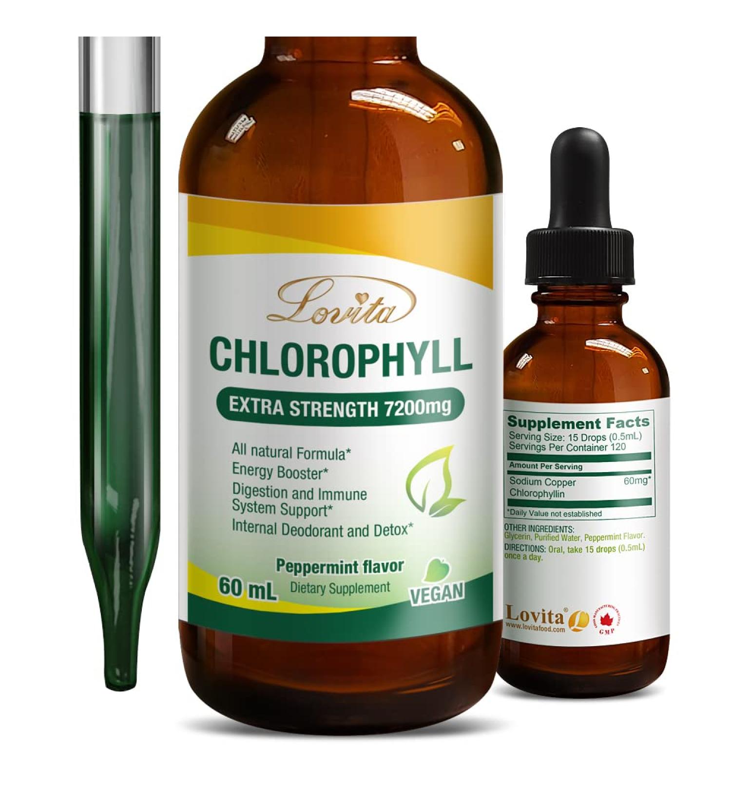 Lovita Chlorophyll Liquid 7200mg - Natural Concentrated Chlorophyll for Skin Health & Internal Deodorant - Energy Booster, Immune Support - Vegan & Non-GMO Drops - 2 Fl Oz - Buy Online on GoSupps.com