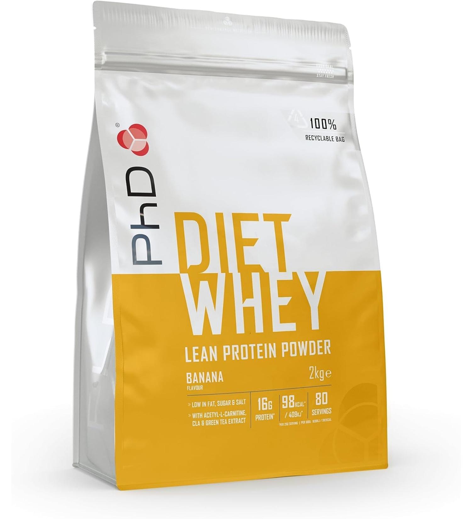 PhD Nutrition Diet Whey Banana Protein Powder 2kg - Low Calorie, Low Carb, High Protein Formula - 80 Servings - Buy Online on GoSupps.com
