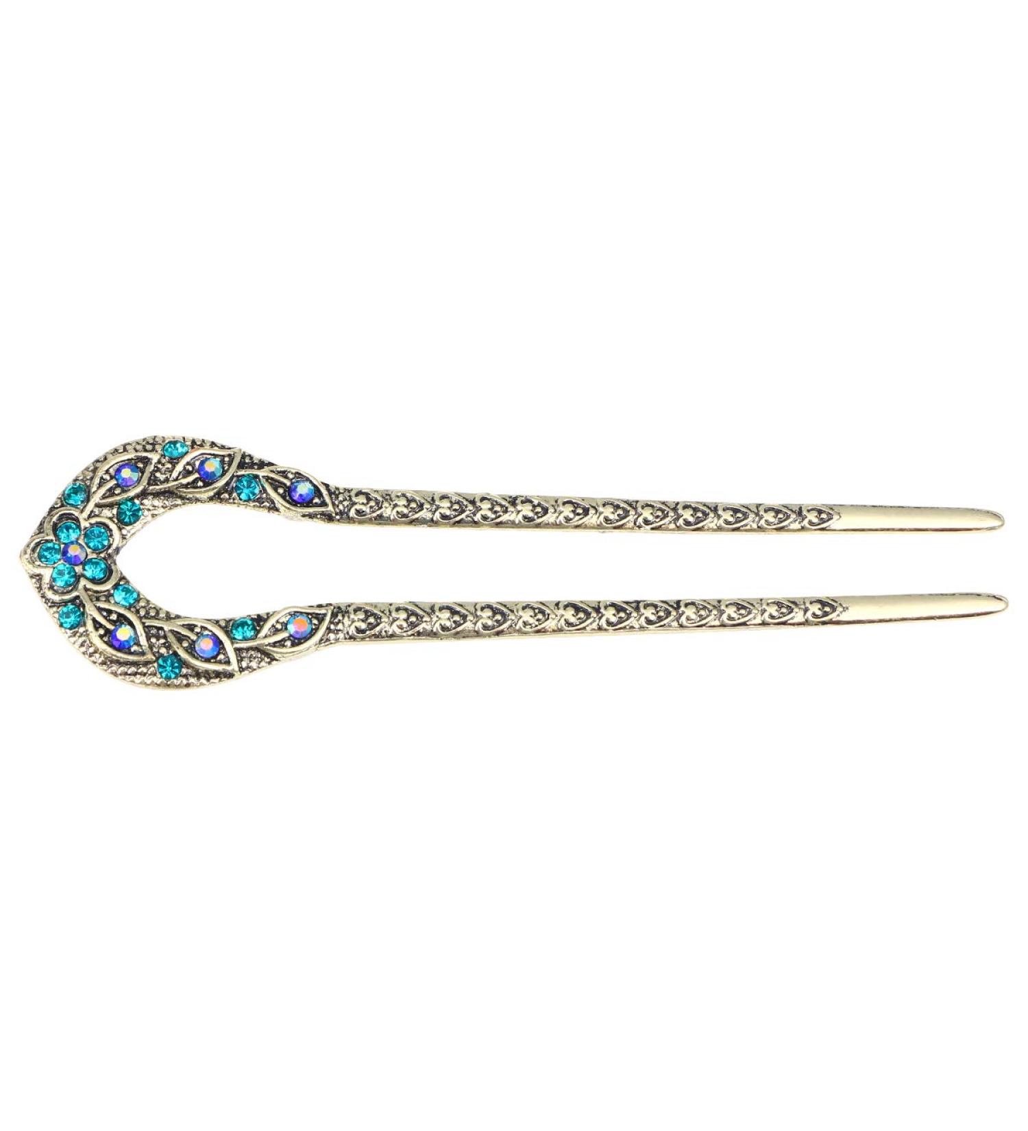 Frcolor Vintage Hair Stick - Crystal Rhinestone Double Prong Hairpin for Elegant Chignons (Blue) | International Shipping Available - Buy Online on GoSupps.com