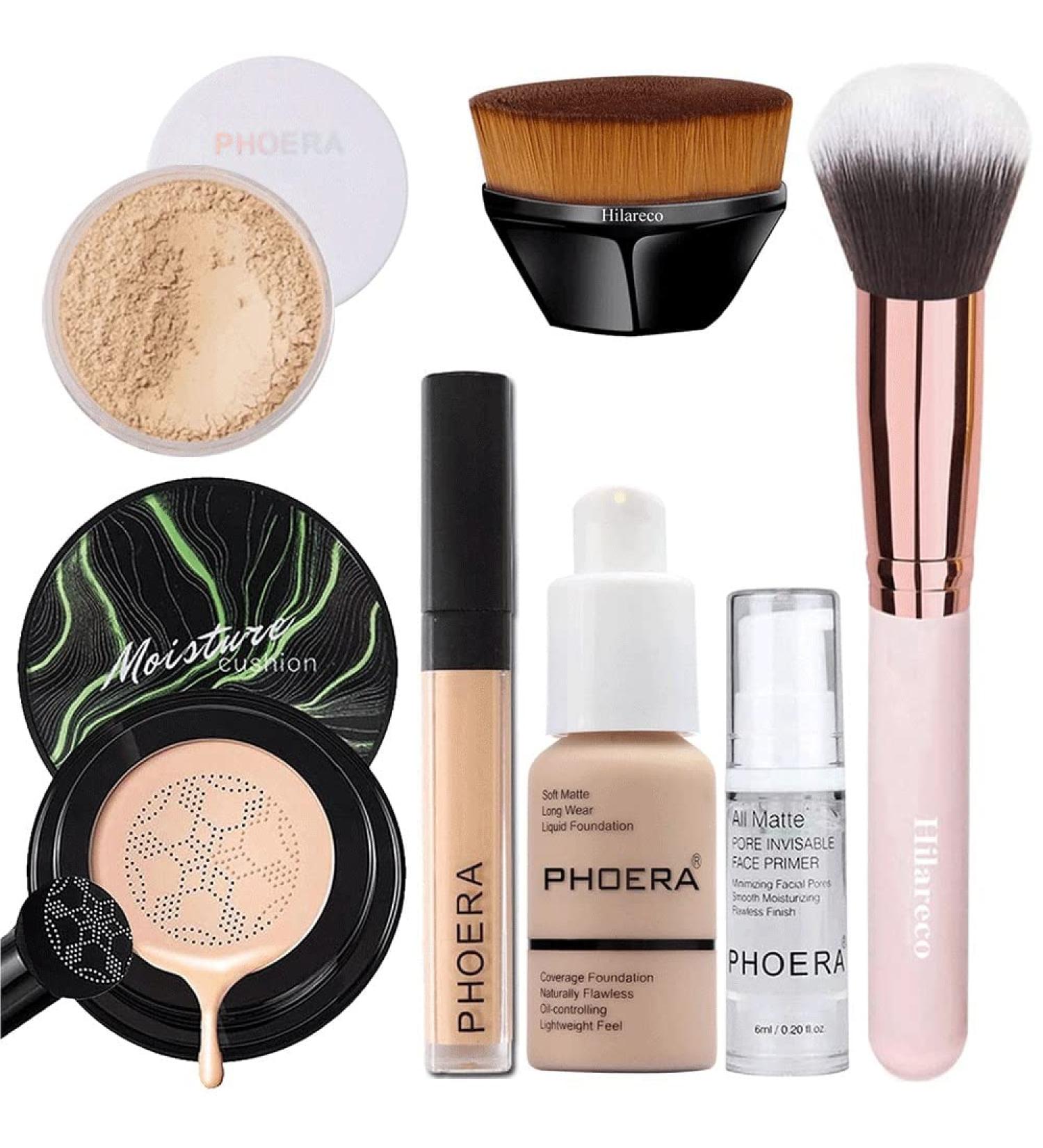 PHOERA Air Cushion CC Cream Natural Foundation Kit with Concealer, Primer, Powder, and Kabuki Brushes - 102 Nude + 02 Natural CC - Buy Online on GoSupps.com