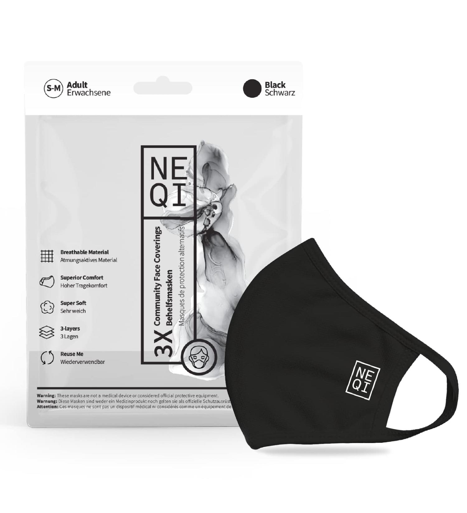 Neqi Community Face Coverings - Reusable Washable Fabric Masks (3-Pack) | Breathable S/M Black Nose & Mouth Cover - Buy Online on GoSupps.com