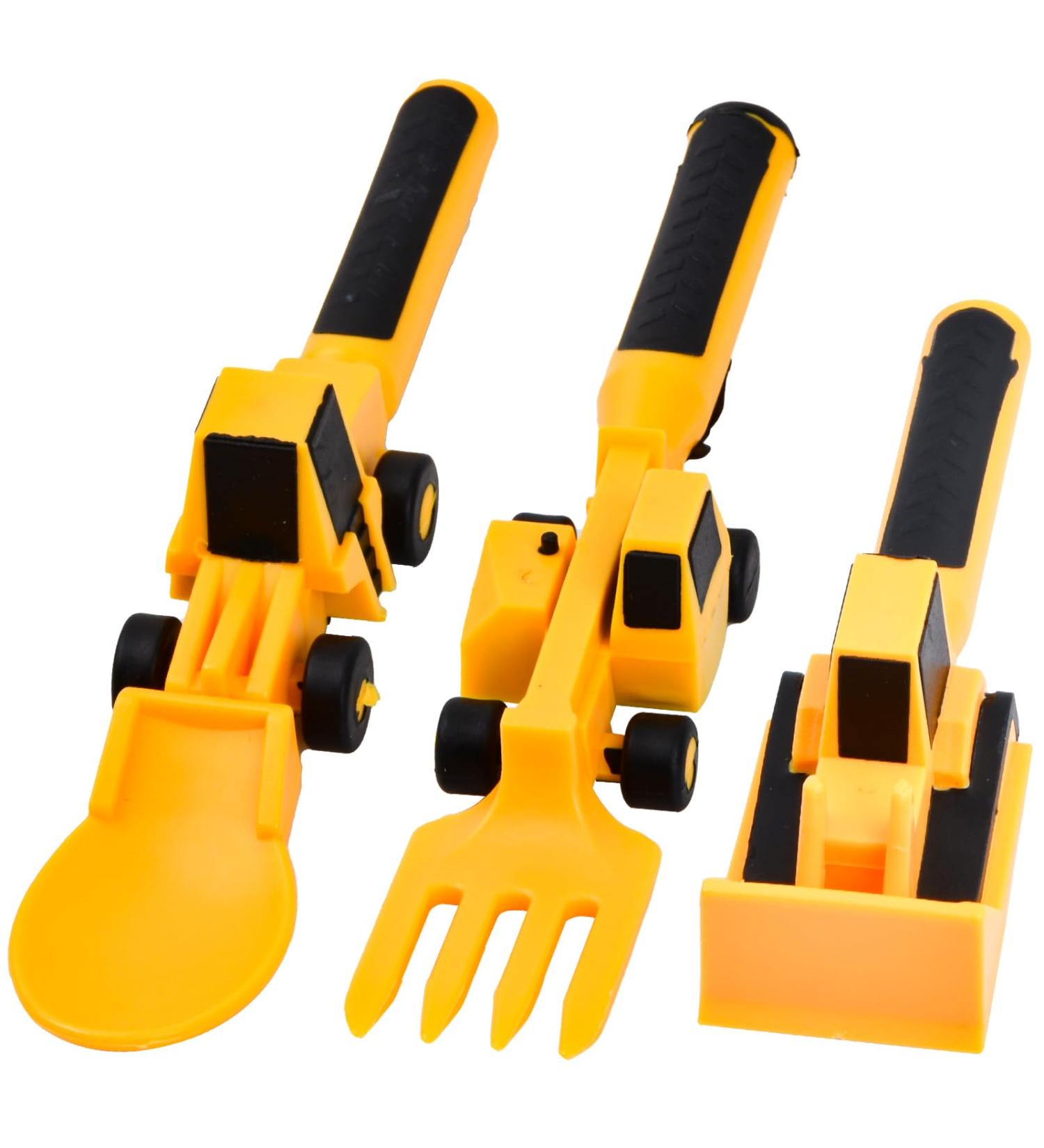 Bezavea Kids Construction Themed Cutlery Set - 3Pcs Toddler Fork and Spoon Utensil Set in Yellow | Perfect Gift for Boys and Girls - Buy Online on GoSupps.com