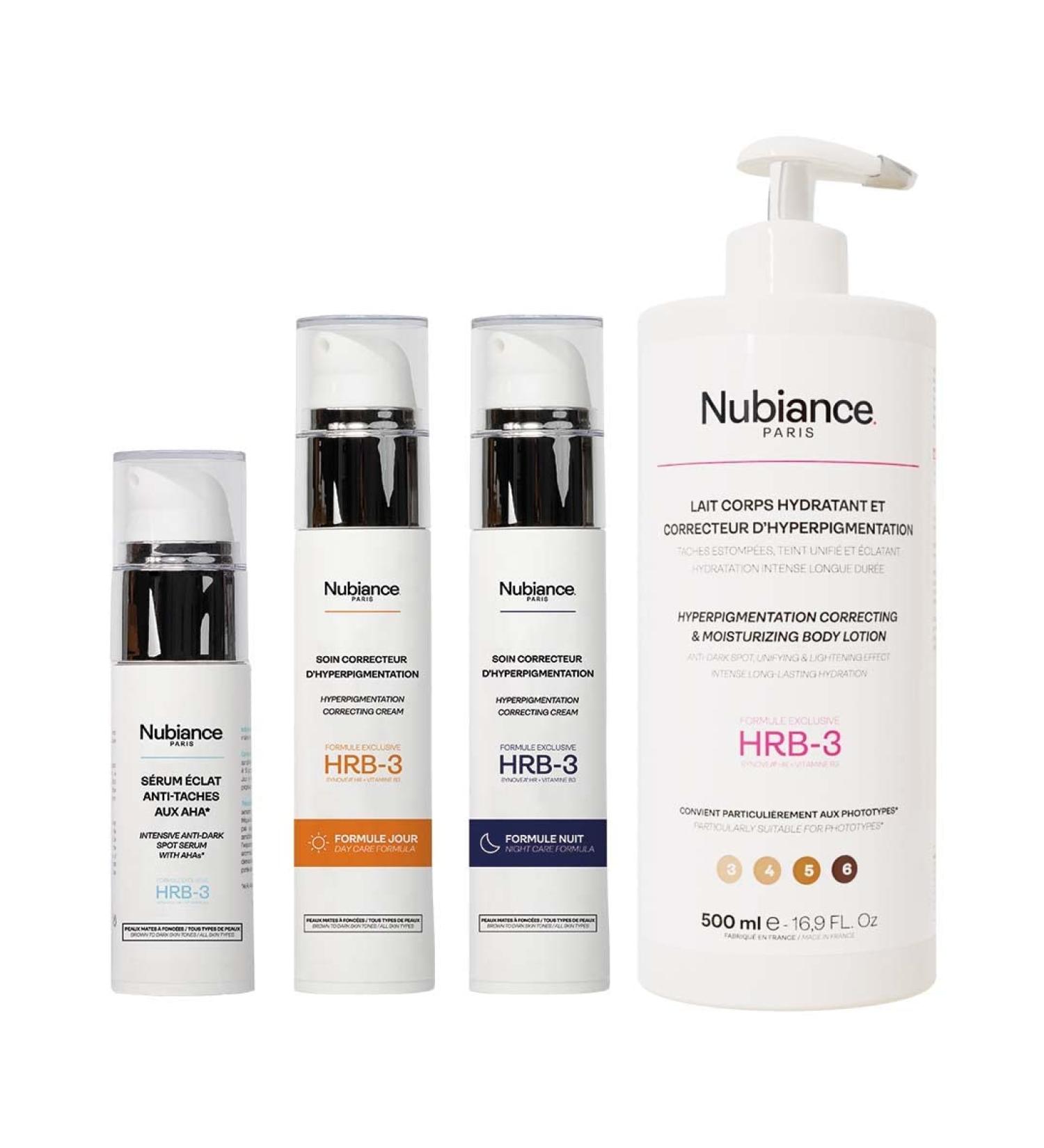 Nubiance - Complete range of hyperpigmentation correctors for face hands and neckline. Contains 4 products : 1 SPF30 day care 1 night care 1 body lotion and anti dark spot serum. Made in France - Buy Online on GoSupps.com