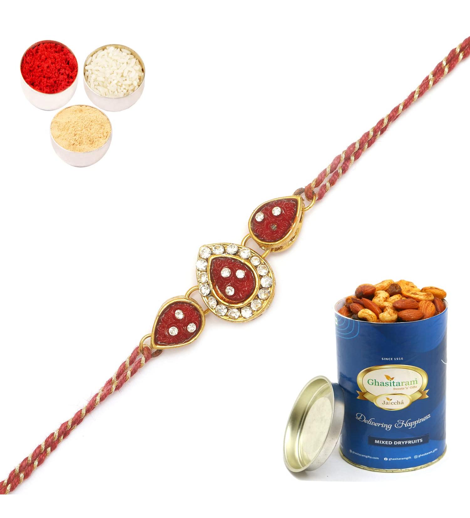 Ghasitaram Gifts Rakhis Online J-33063 Leaf Rose Jewel Rakhiwith 100 GMS of Dryfruits Mix Can Rakhi Set with 100 gms of Dryfruits Mix Can - Buy Online on GoSupps.com