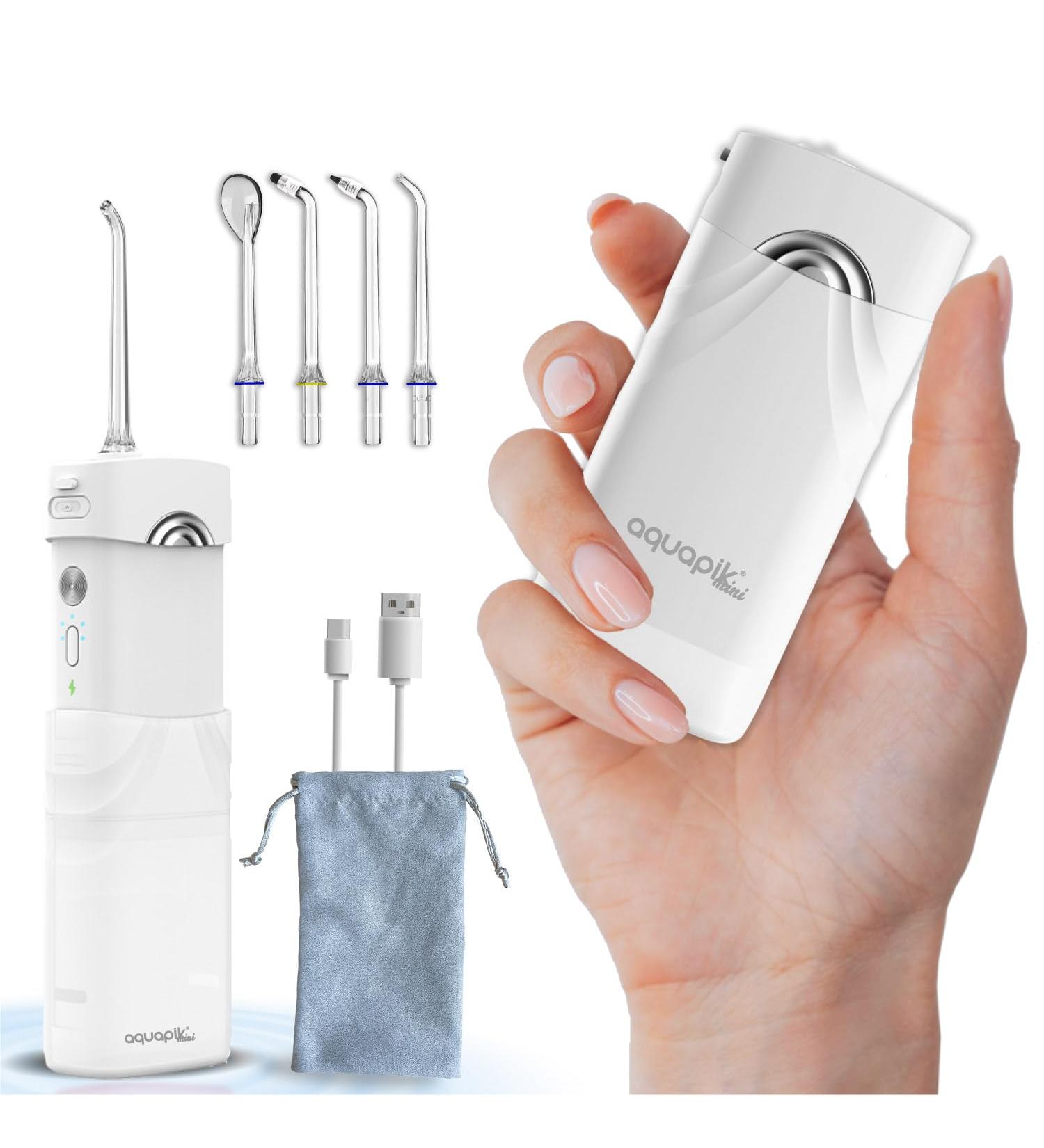 Aquapik Mini Oral Shower - Portable Wireless Water Flosser with 4 Nozzles Rechargeable IPX8 Waterproof 5 Modes - Family Friendly (Pink & White) - Buy Online on GoSupps.com