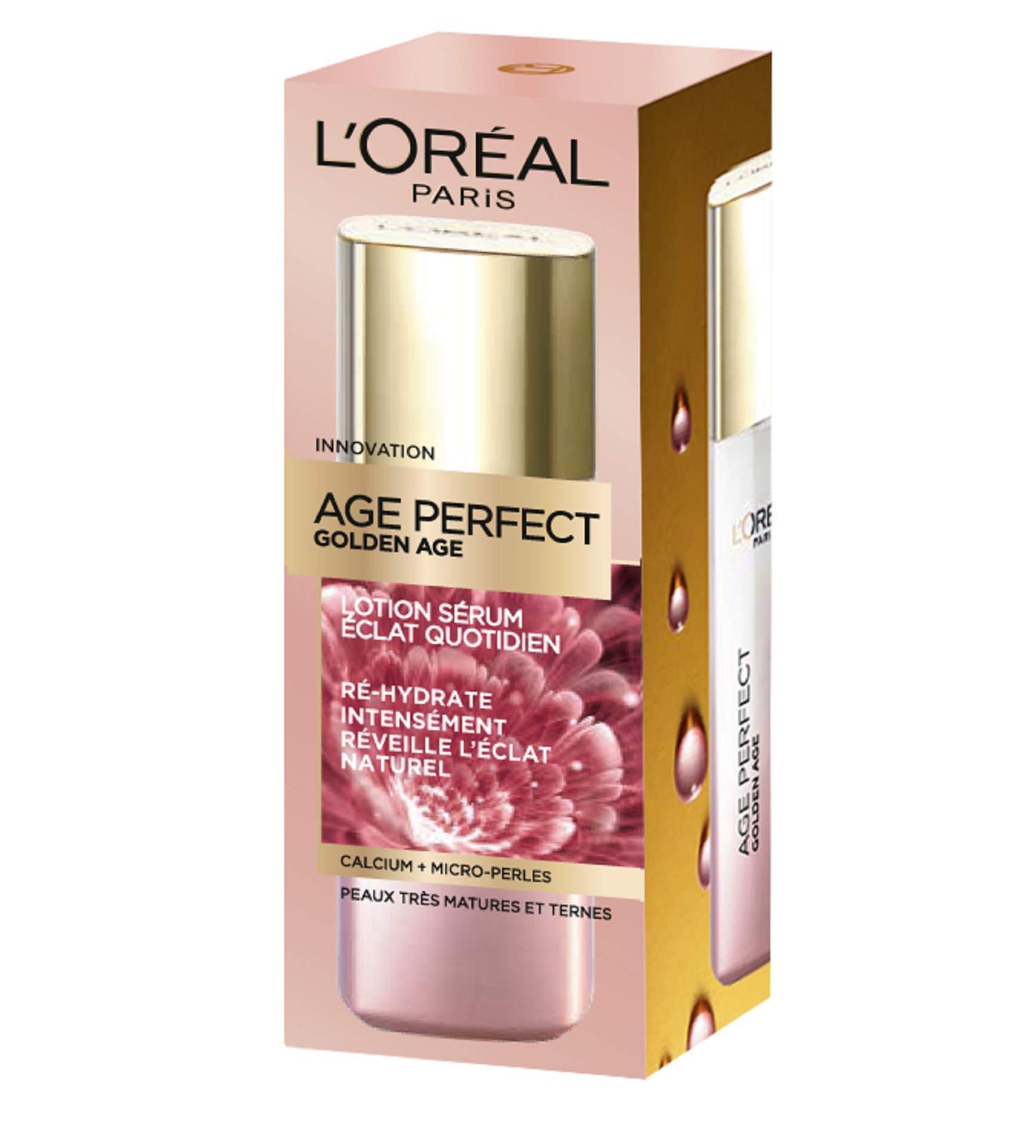 L'Or al Paris - Radiance & Anti-Aging Face Serum Lotion - Intense Hydration & Radiant Complexion - Enriched with Calcium and Micro-Pearls - For Mature Skin - Age Perfect Golden Age - 125 ml - Buy Online on GoSupps.com
