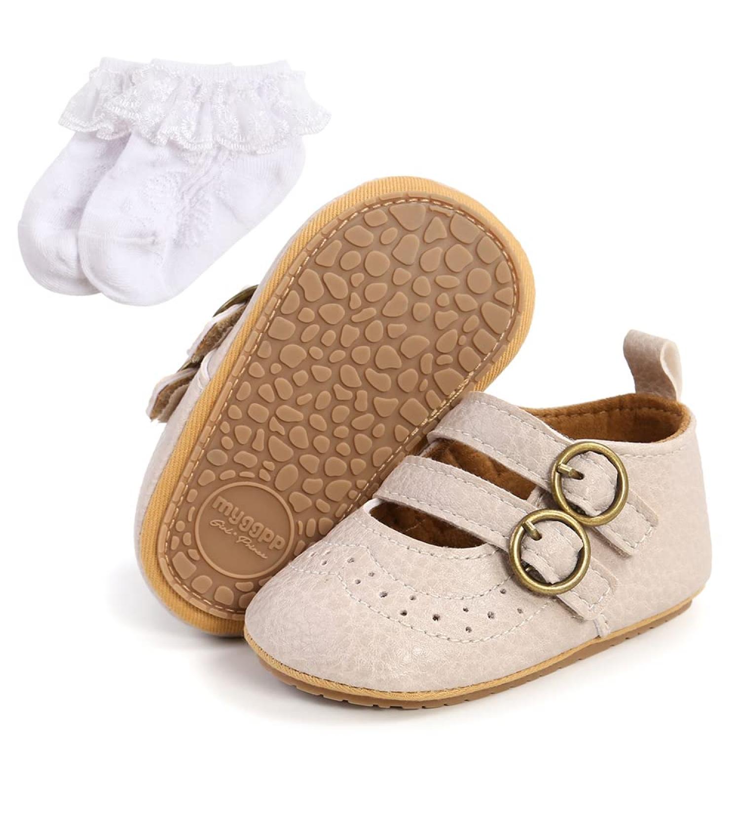 Baby Anti-Slip First Walking Shoes - PU Leather Toddler Sneakers for 12-18 Months with Sock, Beige - Buy Online on GoSupps.com