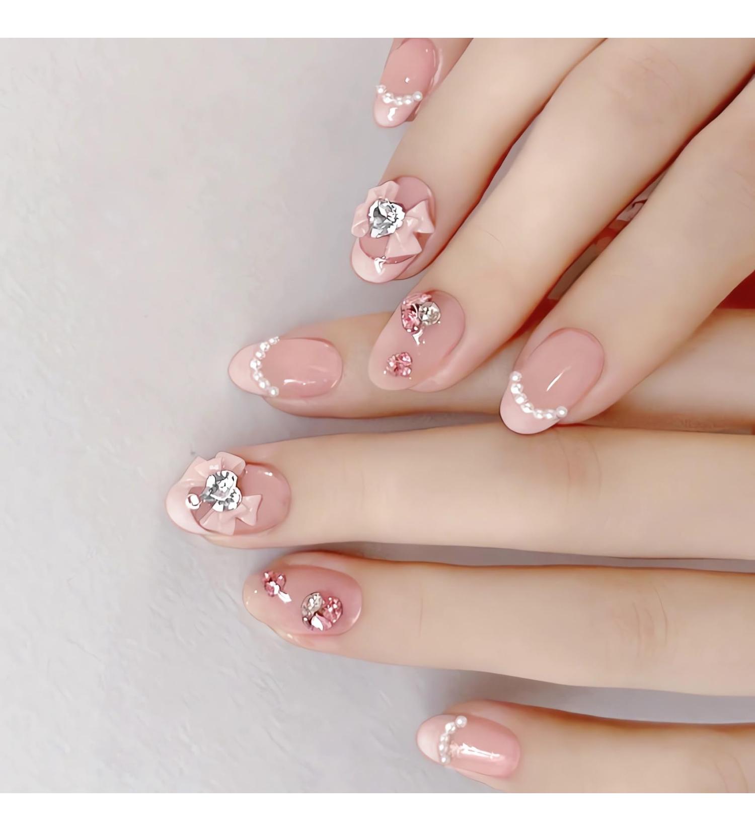 IMSOHOT Oval Press on Nails - Pink Short French Tips with Bow Tie Charms & Rhinestones - 24Pcs Acrylic False Nails for Women & Girls - Buy Online on GoSupps.com