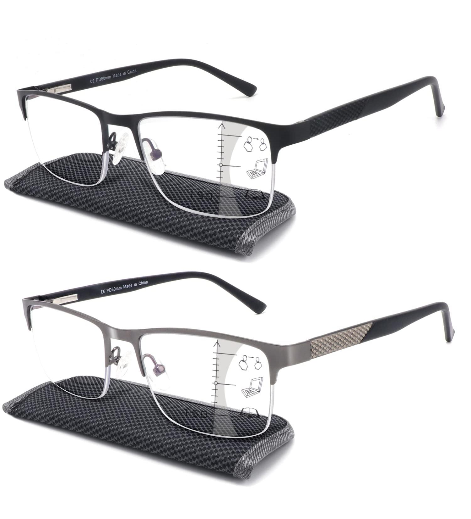 Men Premium Multifocus Blue Light Blocking Reading Glasses 2 Pack - Metal Frame, No Broken Spring Hinge, 2.5x - Black & Gun-Silver - Near Range Workspace - Buy Online on GoSupps.com