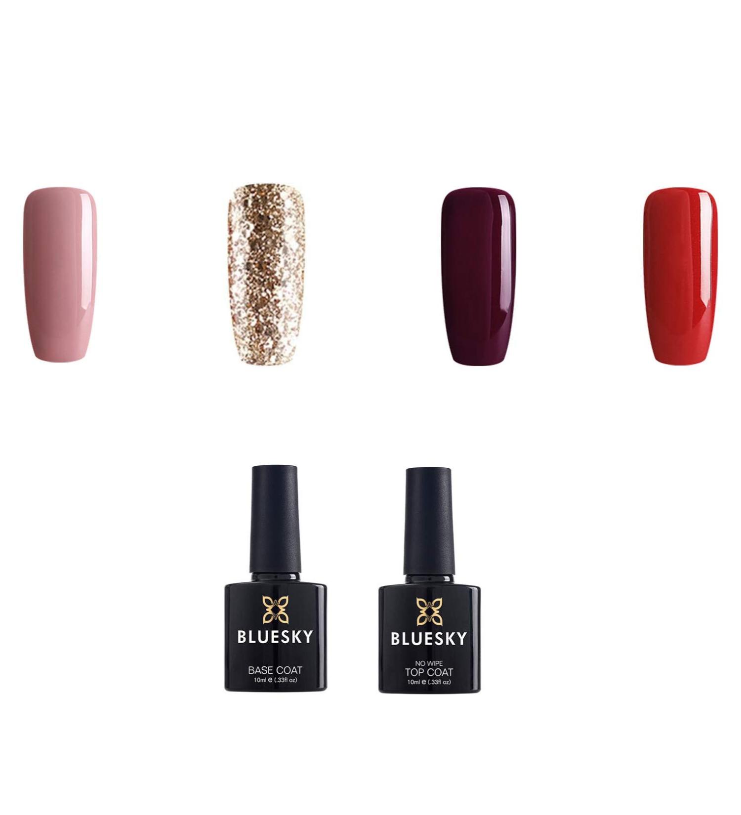 Bluesky Gel Nail Polish Timeless Set Pink Red Gold Base Coat No Wipe Top Coat (Requires Curing Under Uv/Led Lamp) 10 ml - Buy Online on GoSupps.com