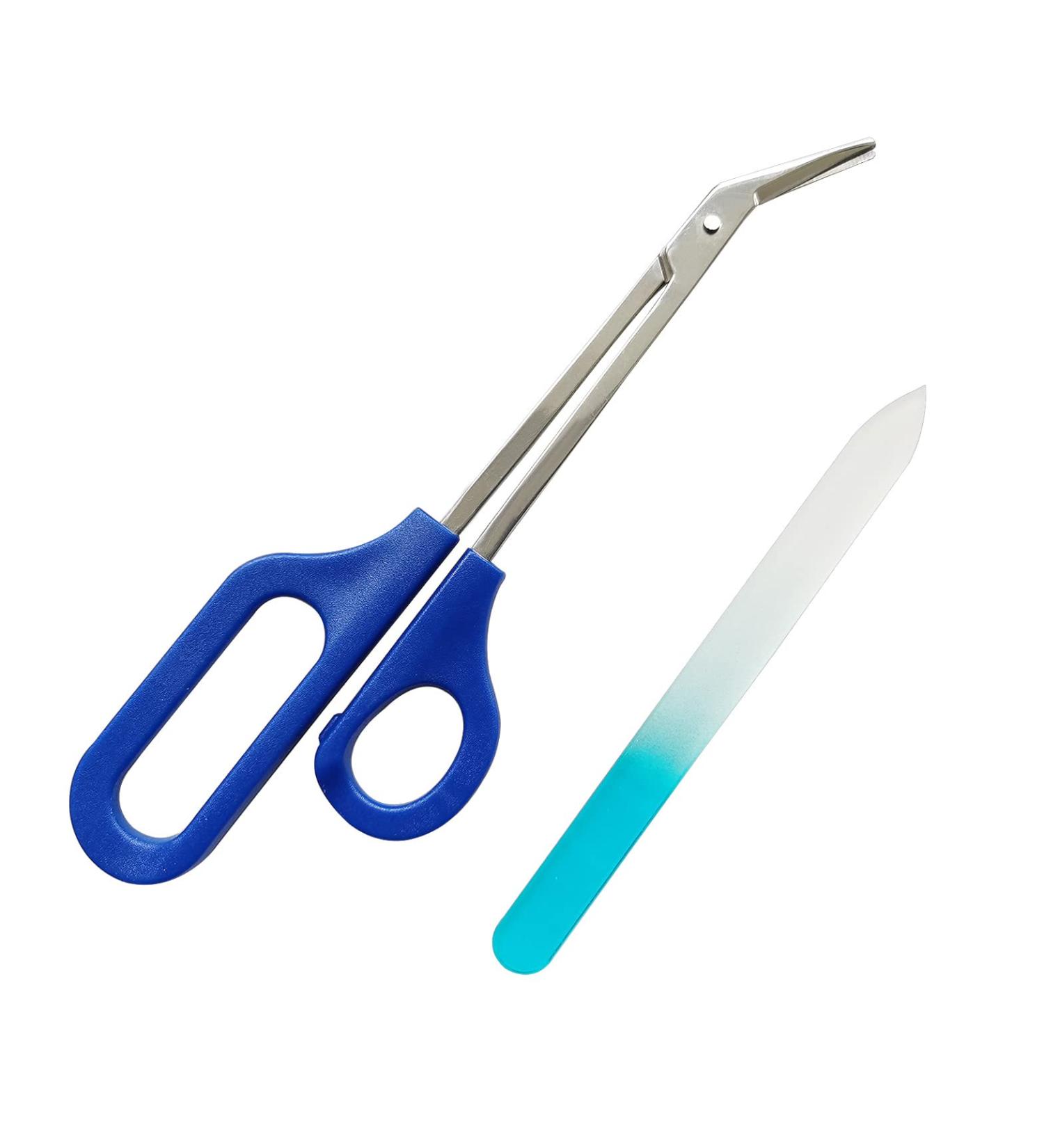 Long Handled Toenail Scissors & Easy Reach Clippers for Thick Toenails - Blue Nail Care Set with Glass File - Buy Online on GoSupps.com