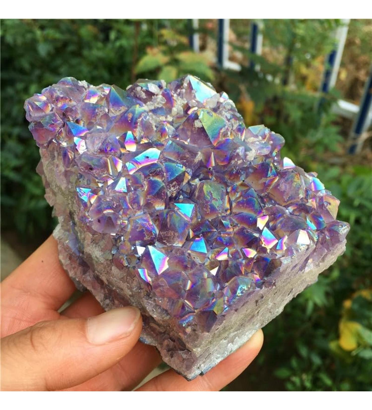 Natural Crystal Rough Rainbow Natural Aura Angel Amethyst Crystal Cluster Plating Titanium Coating Quartz Vug Gemstone Flower - Buy Online on GoSupps.com