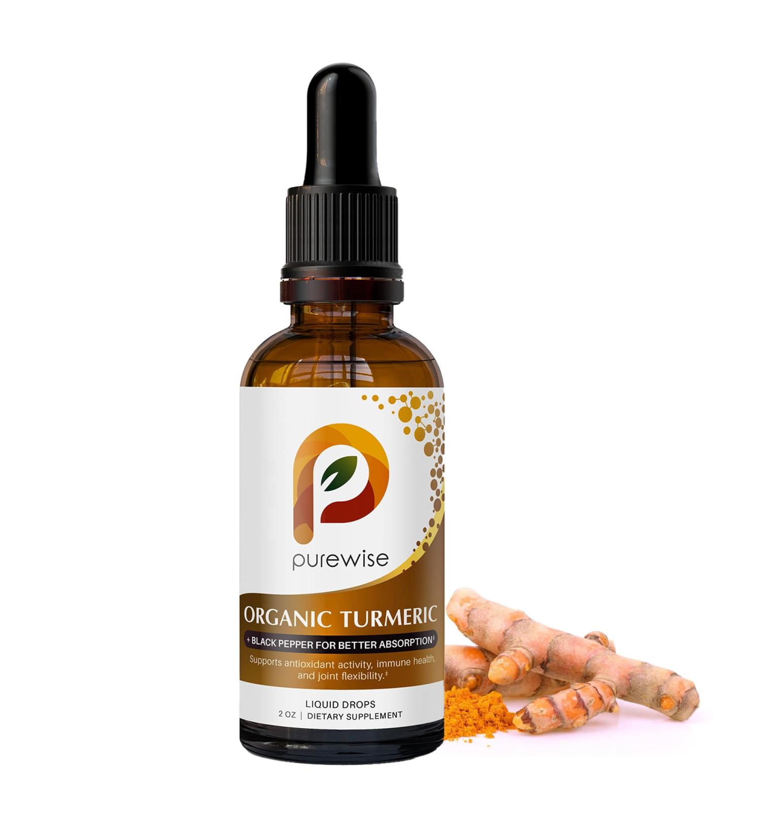 PureWise Organic Turmeric Liquid Drops with Black Pepper Enhanced Absorption Curcumin Joint & Immune Support Ginger & Cinnamon Blend 2 fl oz - Buy Online on GoSupps.com