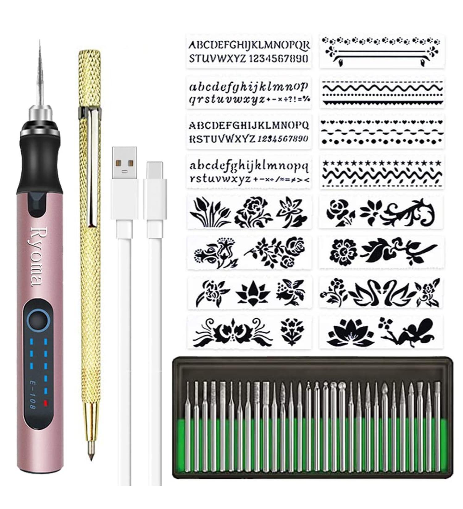Rechargeable Cordless Electric Micro Engraver Pen Kit | DIY Engraving Tool for Metal, Glass, Wood, Jewelry | 30 Bits, 16 Stencils, 1 Scriber Pen | Rose Gold - Buy Online on GoSupps.com