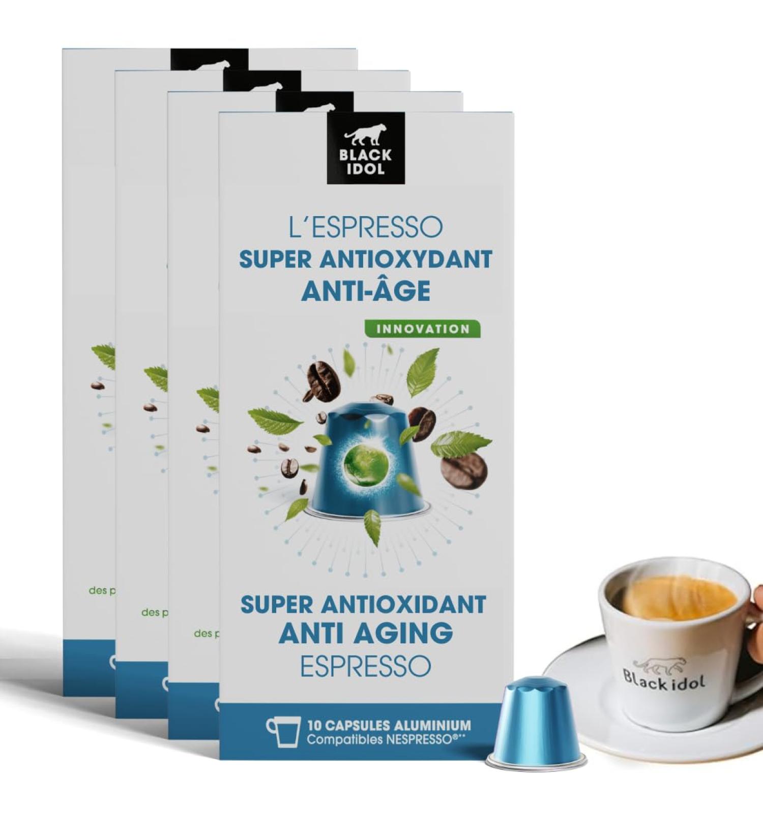 SUPER ANTIOXIDANT COFFEE - ANTI AGING BLACK IDOL - 40 CAPSULES compatible with NESPRESSO* ORIGINAL - Coffee enriched with natural antioxidant polyphenols - Buy Online on GoSupps.com