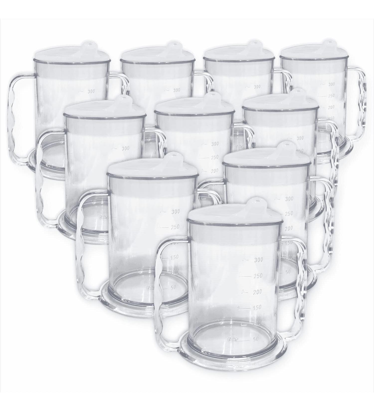 Wide Floor Two Handles Drinking Cups - 10-Piece Set for Adults | Beak Lid Drinking Aids for Dementia & Arthritis - Ideal for Weak Grip - Buy Online on GoSupps.com