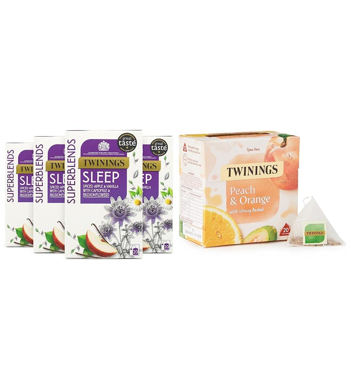 Twinings Superblends Sleep Tea with Spiced Apple Vanilla Camomile & Passionflowers 80 Teabags (Multipack of 4 x 20 Bags) & Peach & Orange Tea Bags 20 Count (Pack of 1) - Buy Online on GoSupps.com