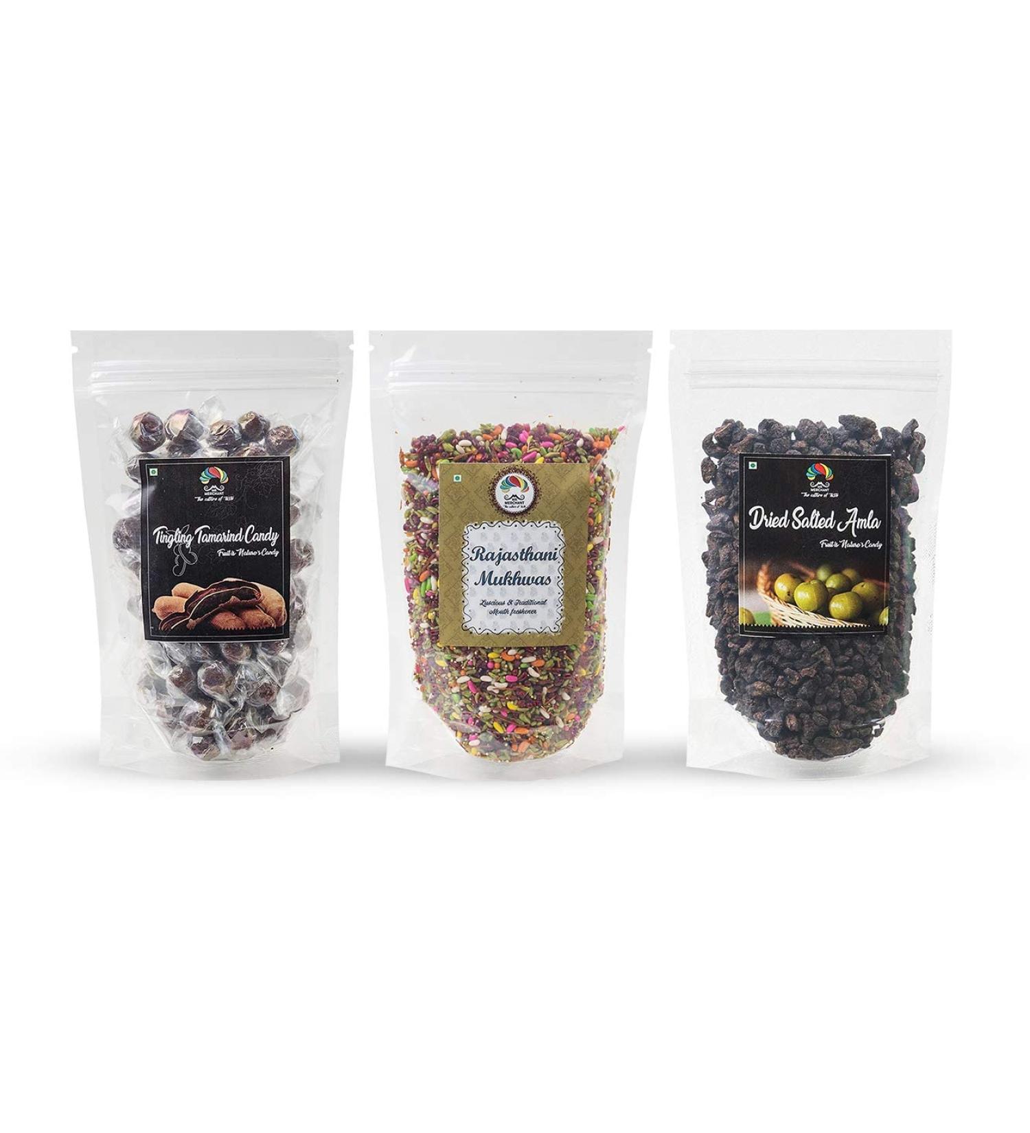 Mr. Merchant Mouth Freshener Combo Tamarind Candy Rajasthani Mukhwas Dried Salted Amla Candy (Pack of 3) 1.2kg_Packing May Vary - Buy Online on GoSupps.com