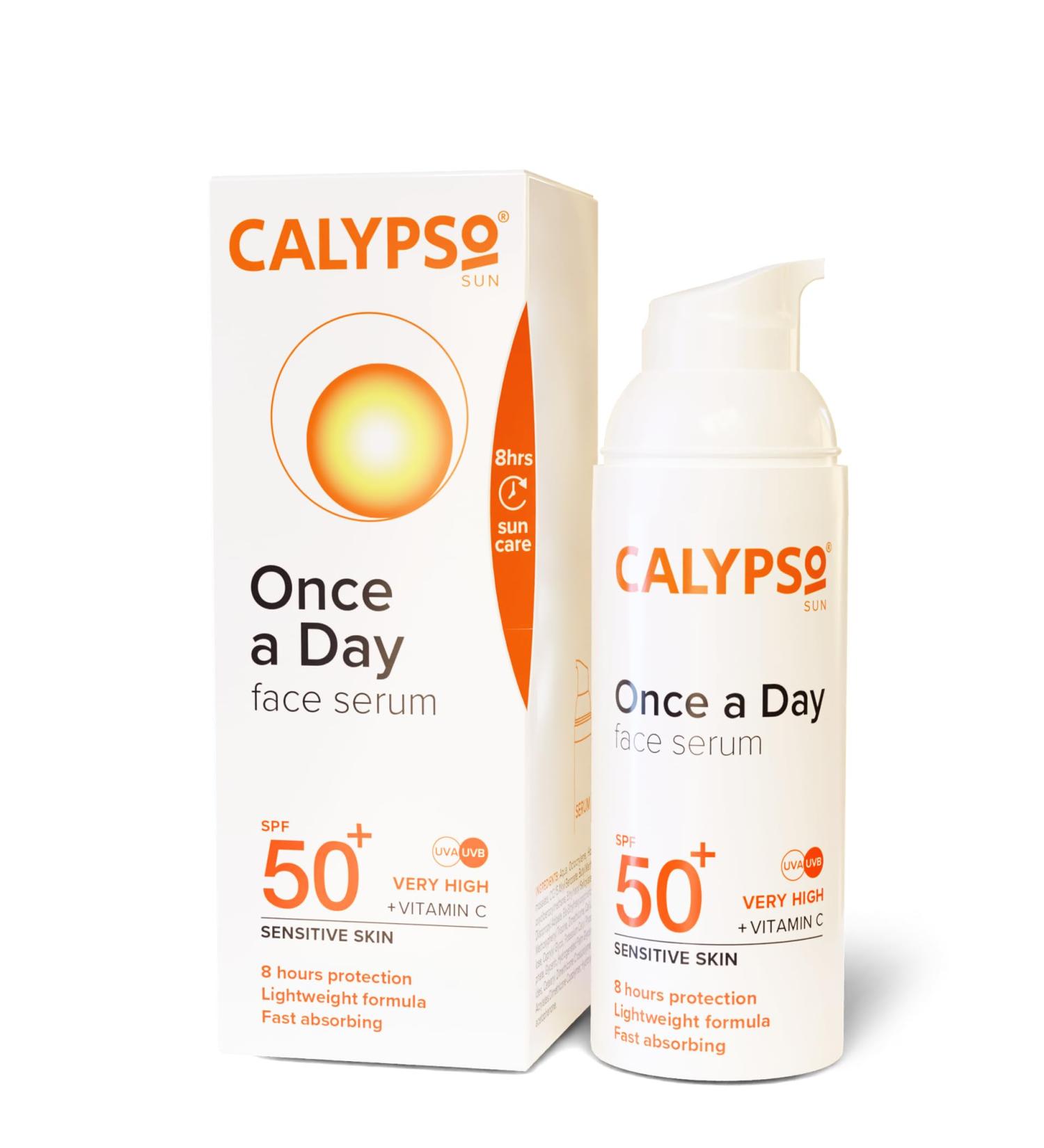 Calypso Once a Day Serum SPF50+ Serum with Vitamin C for Face and Neck for Sensitive Skin. Very High Sun Protection. UVA + UVB Primer. - Buy Online on GoSupps.com