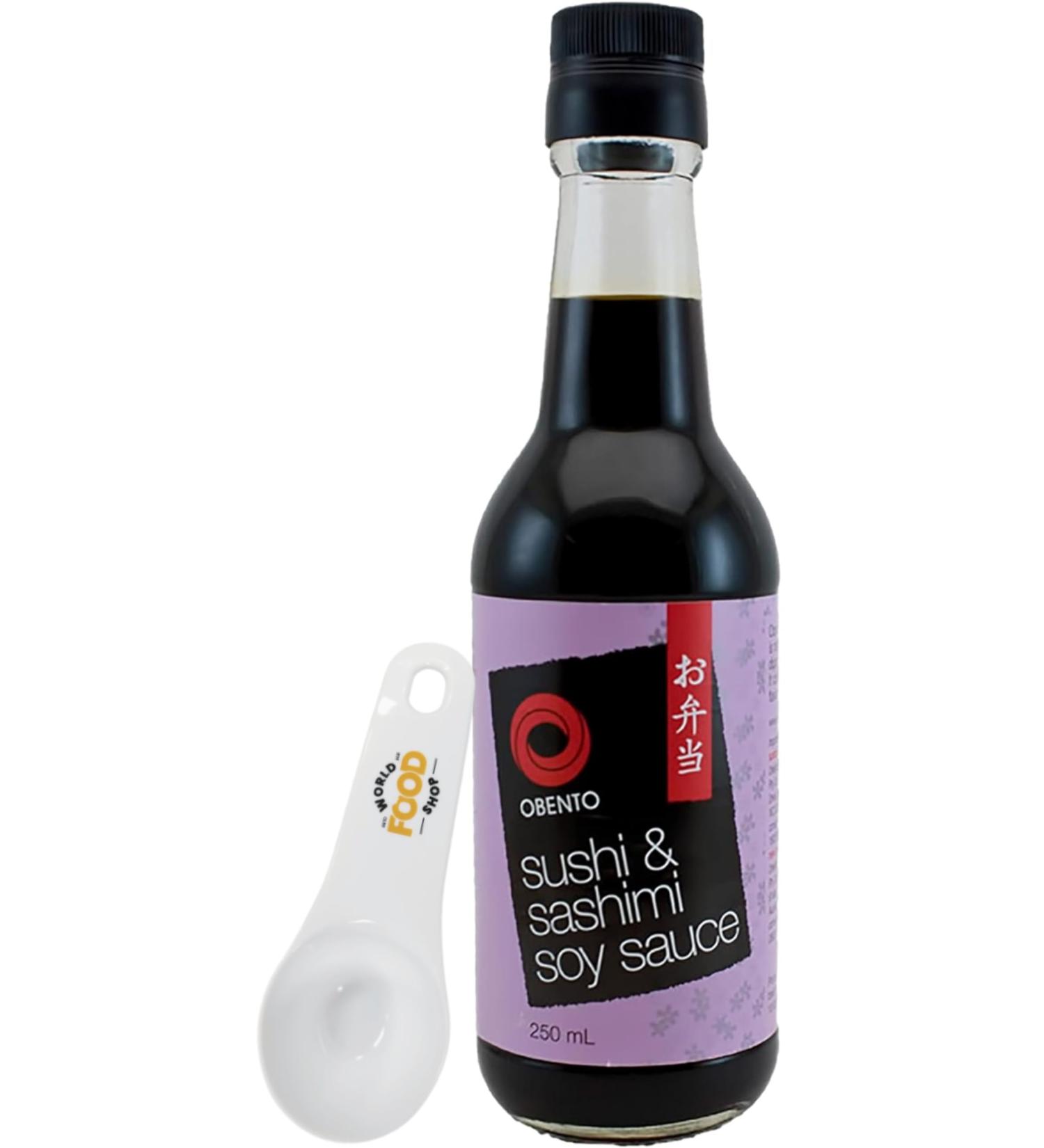 Obento Sushi & Sashimi Soy Sauce 250ml with World Food Shop Scoop - Premium Japanese Soy Sauce Ideal for Sushi and Sashimi Convenient Scoop for Accurate Measurements - Buy Online on GoSupps.com