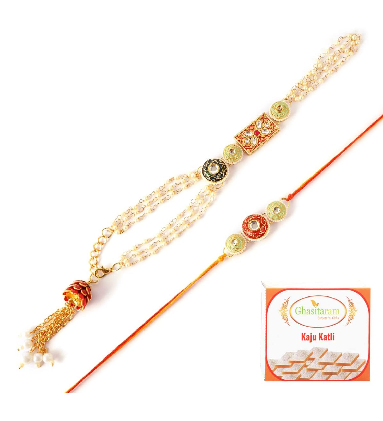 Ghasitaram Gifts Rakhis Online - Rakhi for Brother-MJ-4 Bhaiya Bhabhi Rakhi with 400 GMS of Kaju katli Rakhi Set with 400 gms of Kaju katli - Buy Online on GoSupps.com