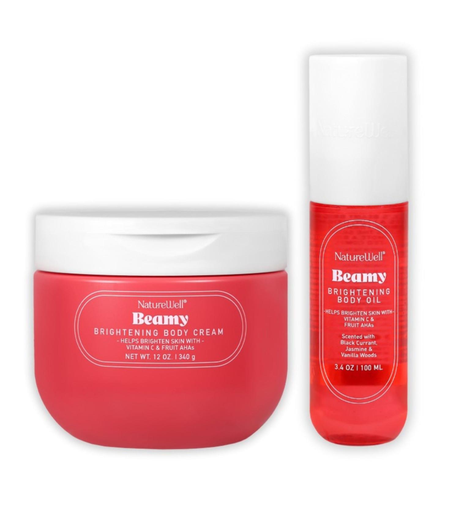 NATURE WELL Beamy Brightening Body Oil & Body Cream Bundle Fast-Absorbing Designed to Help Improve Tone & Texture Scented with Black Currant Jasmine & Vanilla Woods - Buy Online on GoSupps.com