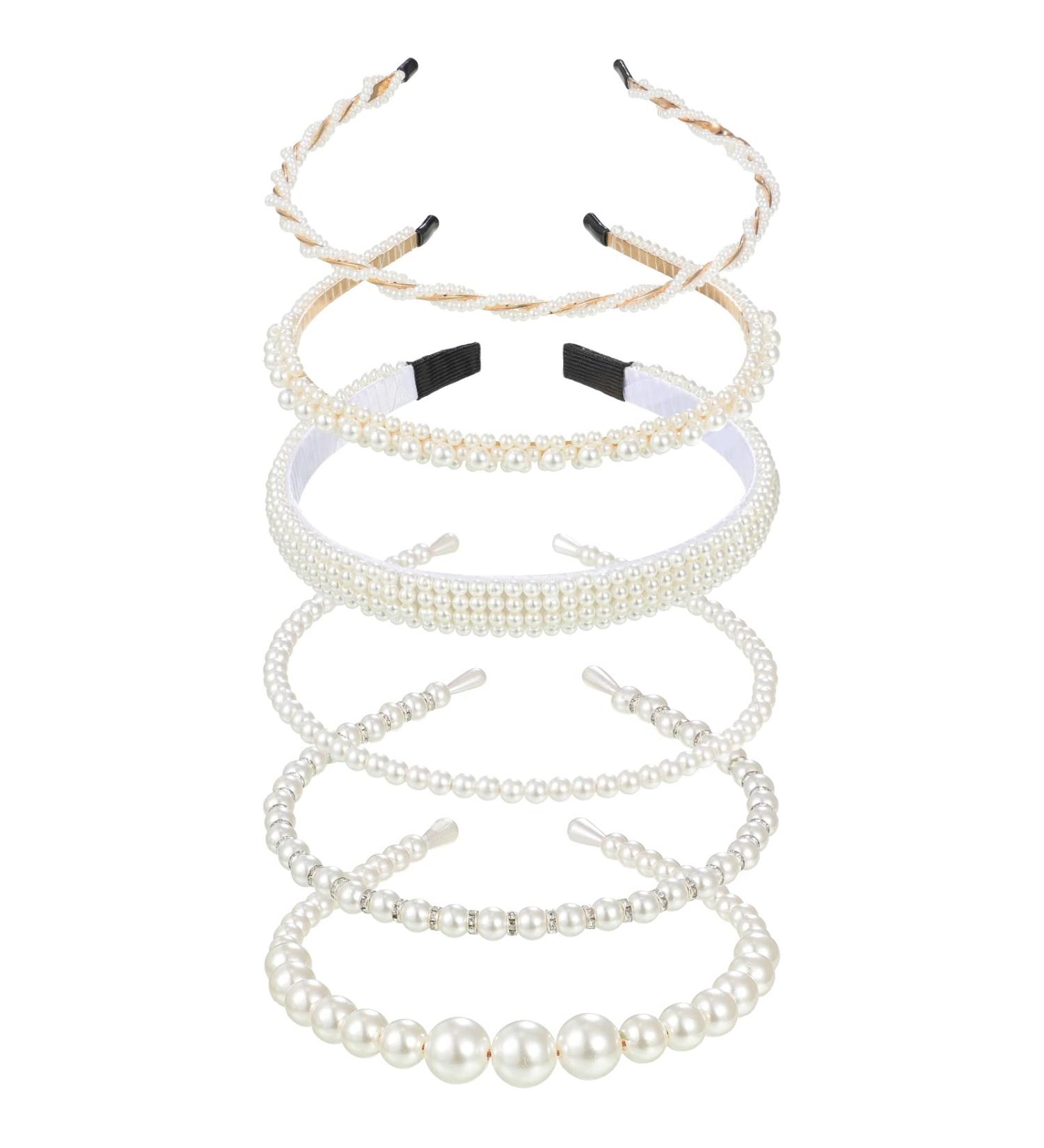 Geosar Pearl Headband Set - 6 Pieces White Bling Faux Pearl Rhinestones Hairband for Women, Girls, Bridal, Wedding Accessories - Buy Online on GoSupps.com