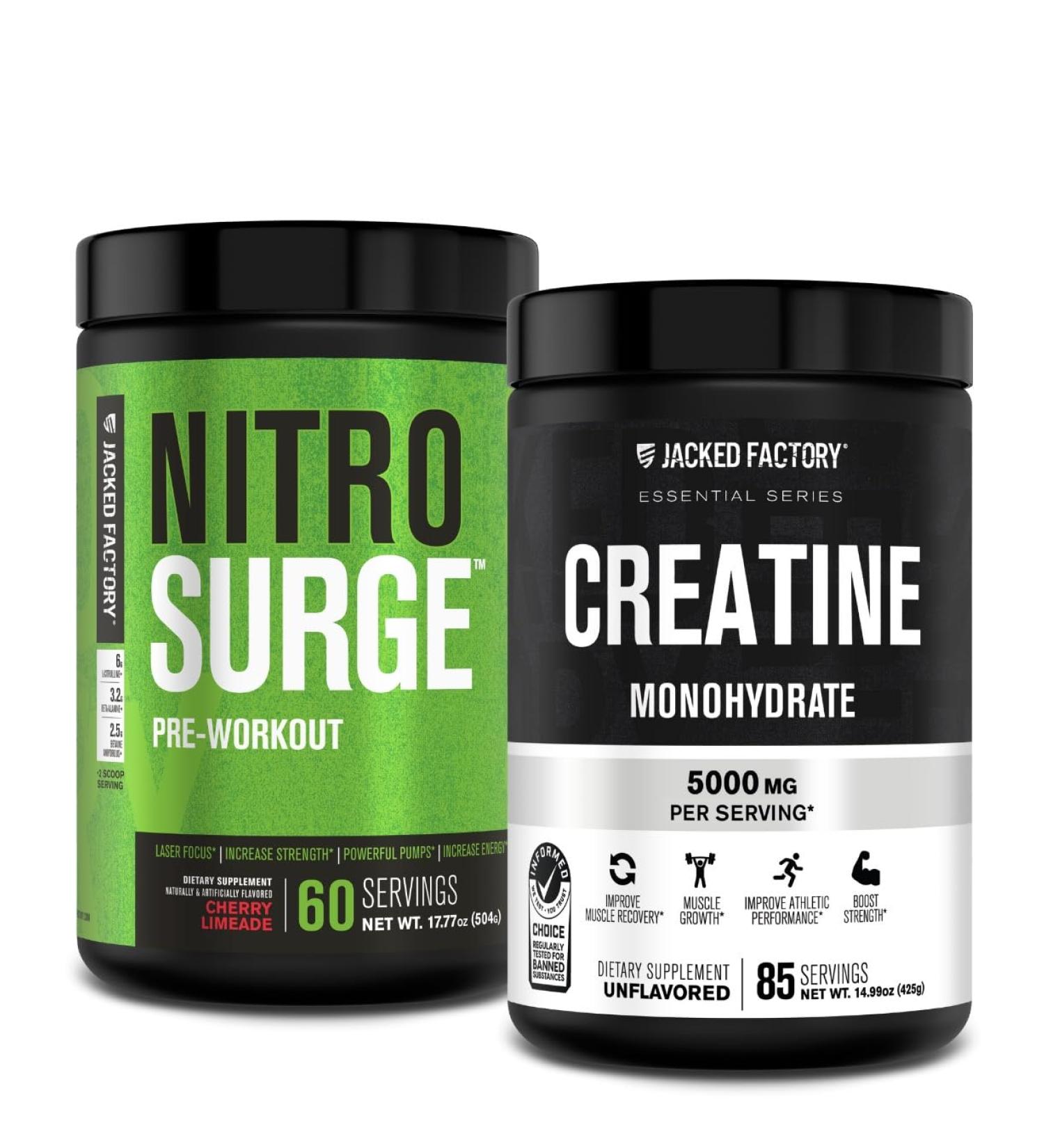 Jacked Factory NITROSURGE Pre Workout Supplement - Endless Energy Instant Strength (Cherry Limeade 60sv) Creatine Monohydrate Supplement (Unflavored 85sv) - Buy Online on GoSupps.com