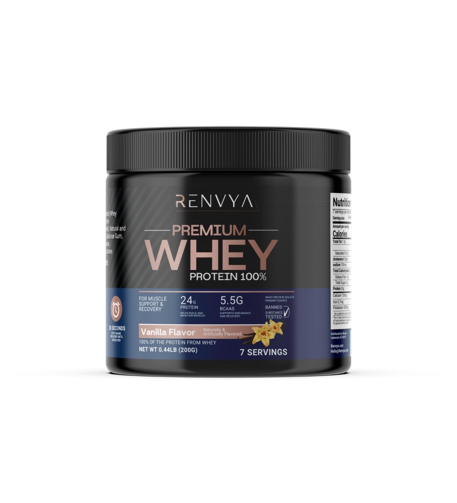 Renvya Premium Whey Protein 100% Vanilla Flavor | 24g Protein 5.5g BCAAs | for Muscle Support & Recovery | Clean Fast-Absorbing Protein Powder | 7 Servings