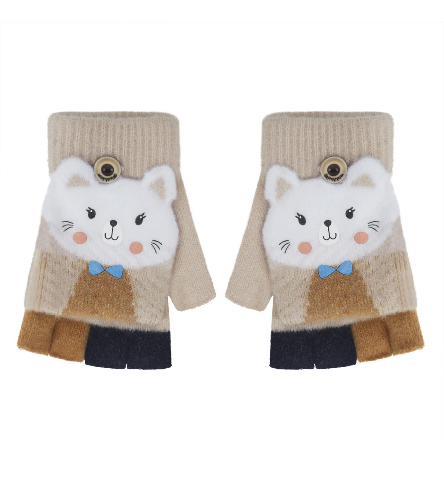 Kids Puppy Flip Top Short Knitted Gloves | Toddler Half Finger Gloves for 3-8 Yrs | Cat/Beige - Buy Online on GoSupps.com