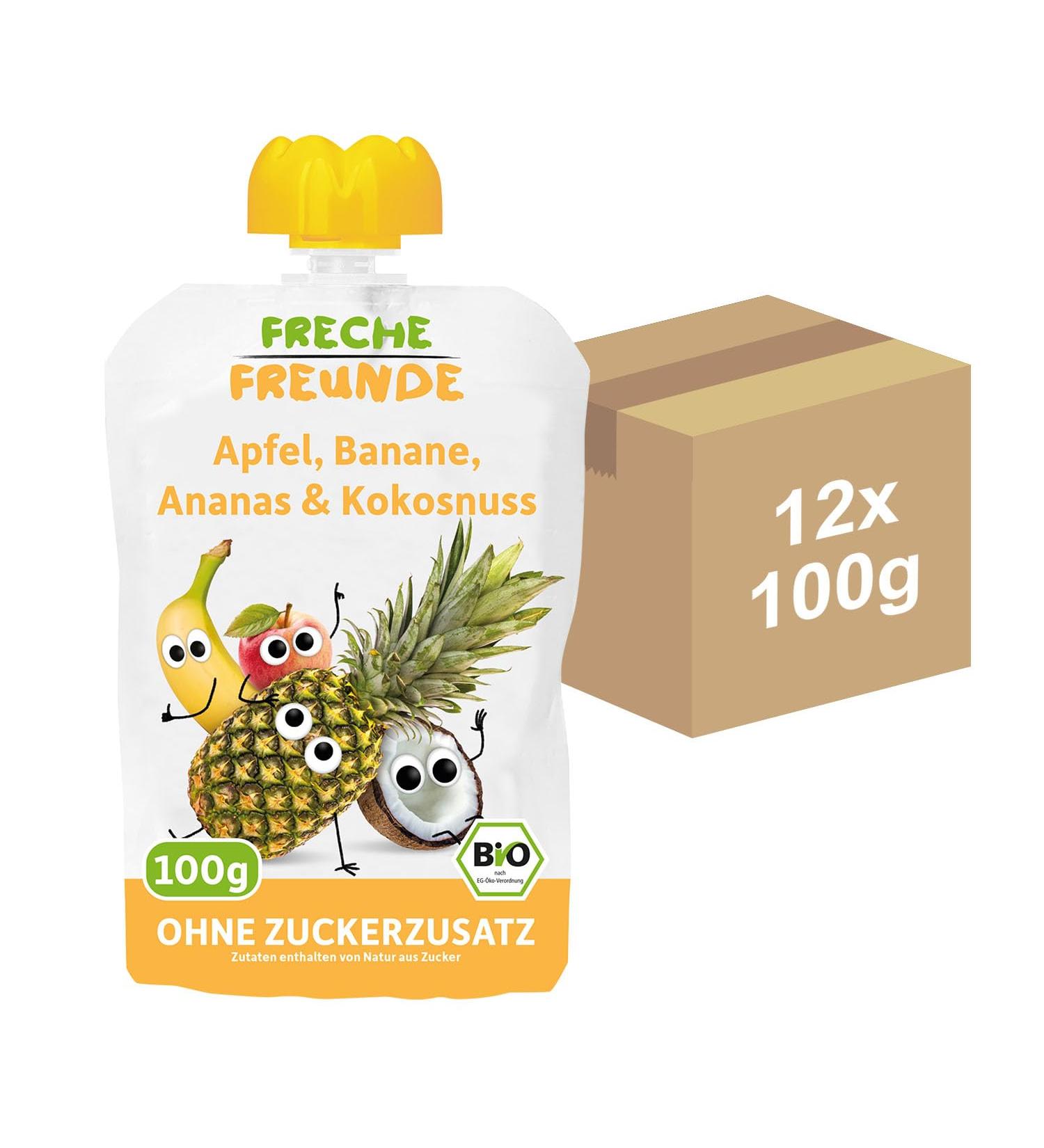Cheeky Friends Bio Quetschie Fruit Puree - Apple Banana Pineapple & Coconut for Kids | Vegan & Gluten-Free | 12 Pack (100g Each) - Buy Online on GoSupps.com