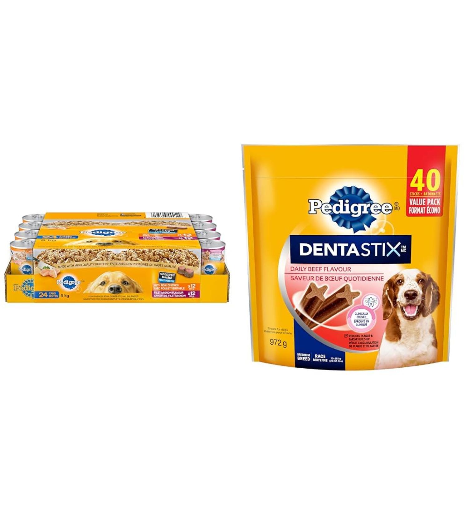 PEDIGREE Chopped Adult Wet Dog Food Ground Dinner Chicken and Filet Mignon 375g Can (24 Pack) & DENTASTIX Oral Care Adult Dog Treats for Medium Dogs - Beef 40 Sticks Chicken & Filet Mignon + Treats 375 g (Pack of 24) - Buy Online on GoSupps.com