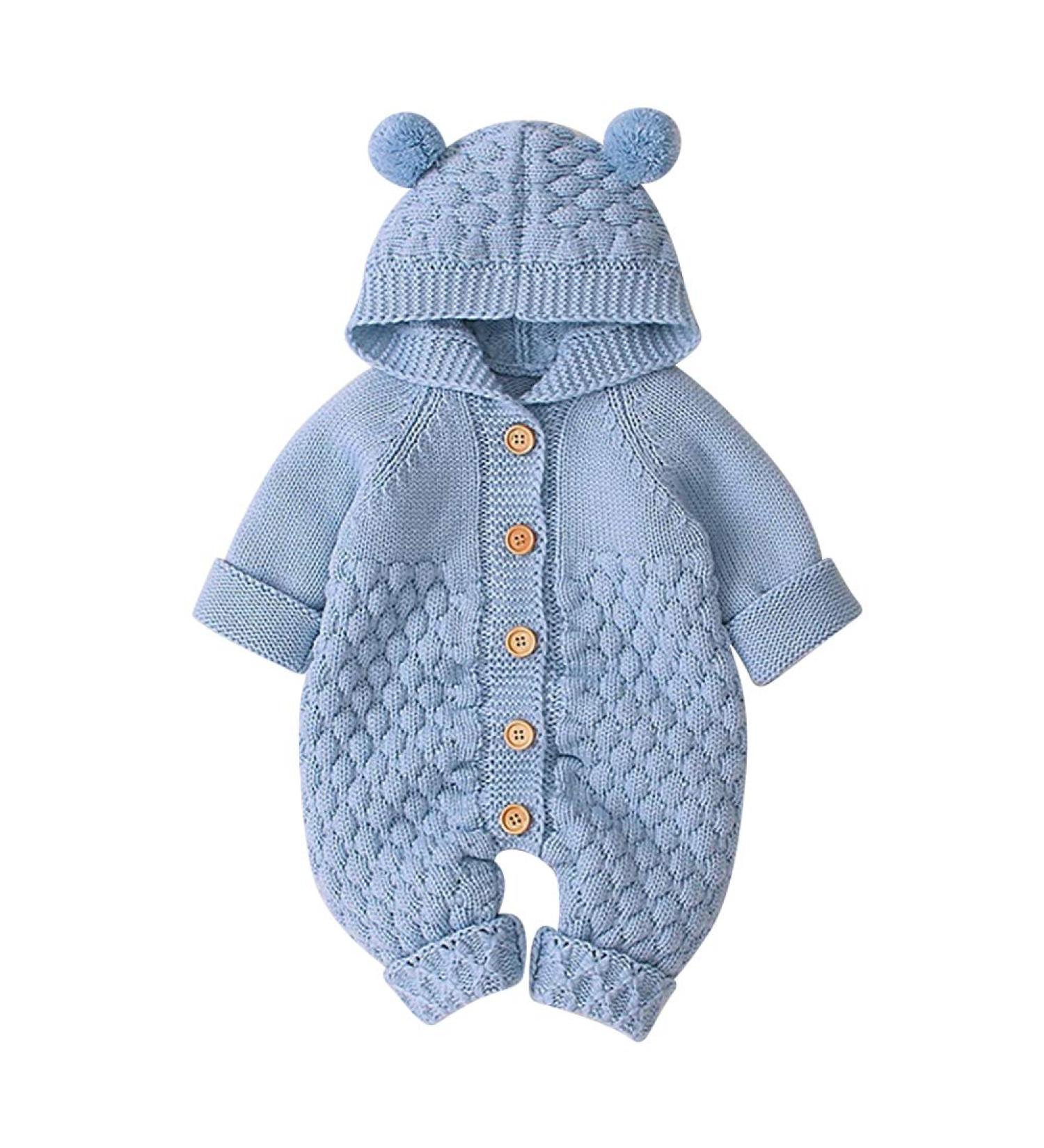 Baby Knitted Hooded Romper Bodysuit | Long Sleeve Onesie Jumpsuit 12-18 Months Light Blue-Hairball - Buy Online on GoSupps.com