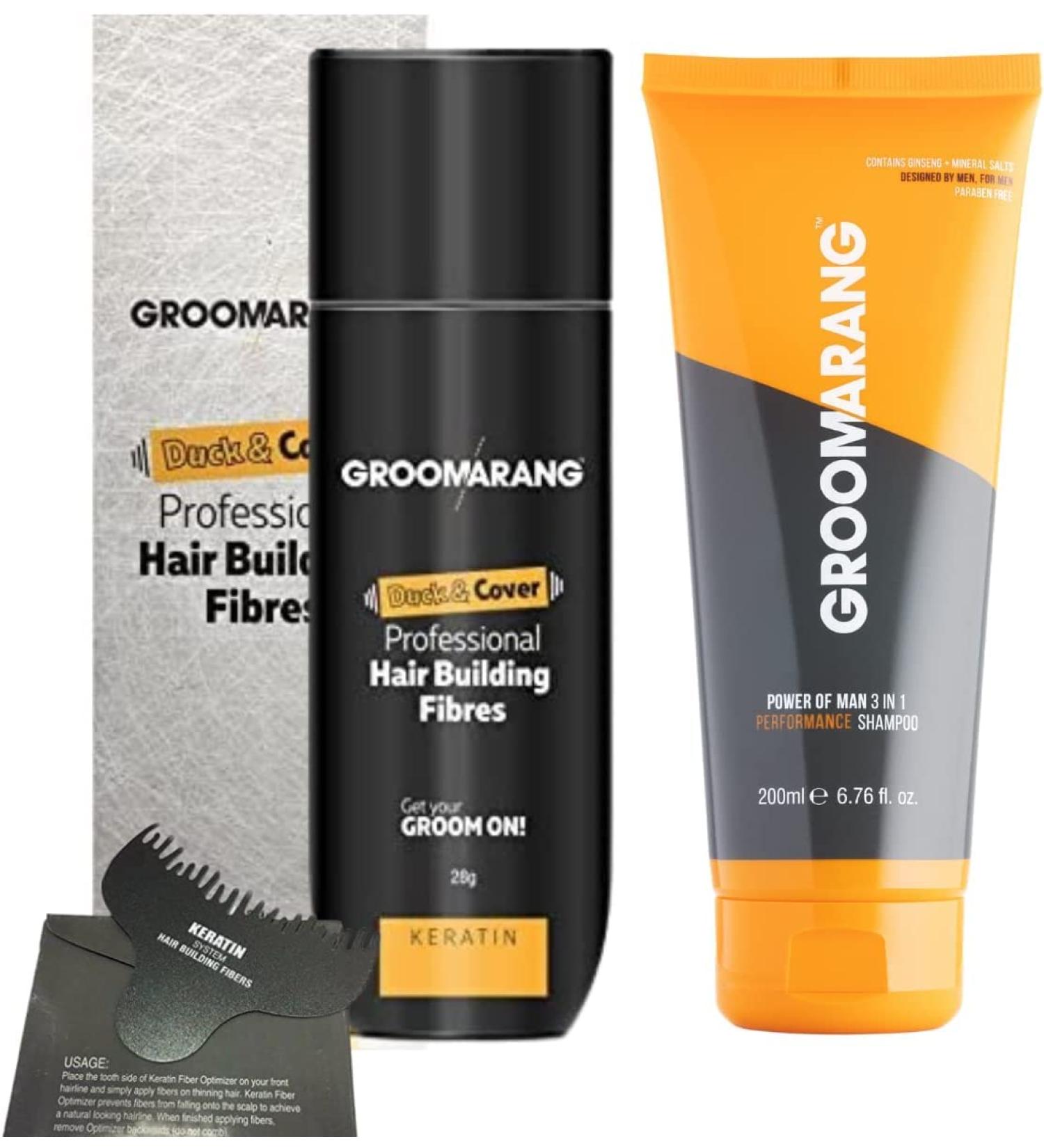 Hair Fibres GROOMARANG Keratin Hair Building Fibres for Thinning Hair - Instantly Conceals Thinning Areas for Fuller Thicker Hair - For Men & Women 28g PLUS 200ml Shampoo & Optimiser (Black) - Buy Online on GoSupps.com