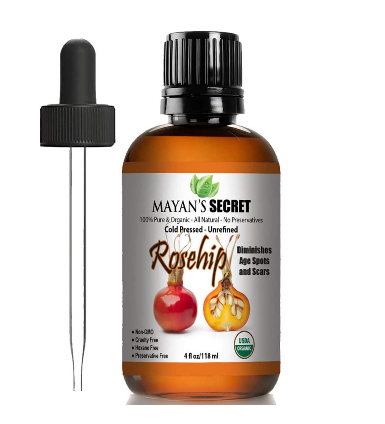 Mayan's Secret USDA Organic Rosehip Seed Oil - Cold Pressed Unrefined - Acne Scar Treatment - Essential Oil for Skin Hair & Nails - Therapeutic AAA+ Grade - Buy Online on GoSupps.com