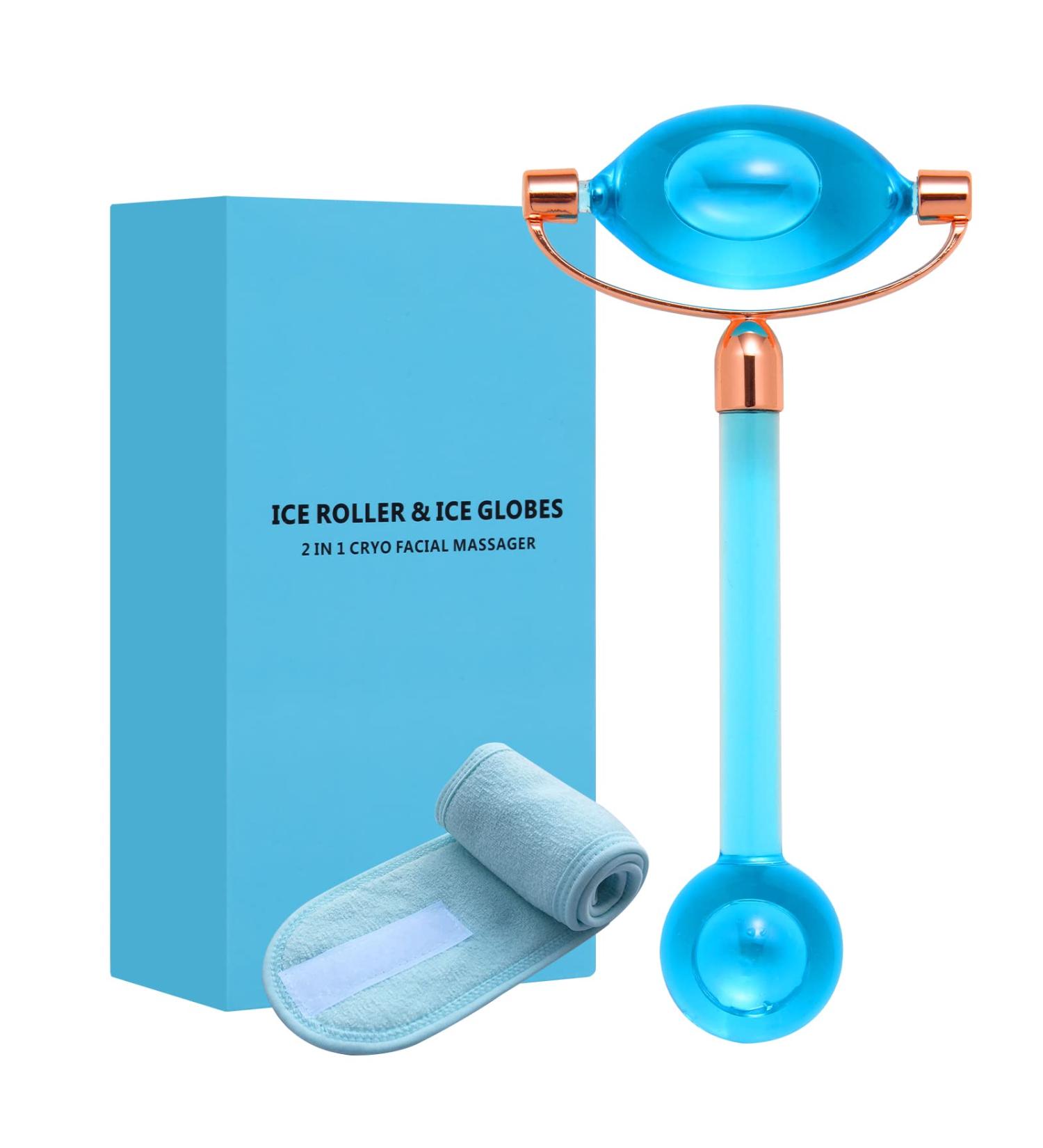 Cryo Ice Roller for Face & Eyes with Cooling Globes - Facial Massager for Puffiness & Migraine Relief - Skin Care Tool for Women and Men - Blue - Buy Online on GoSupps.com