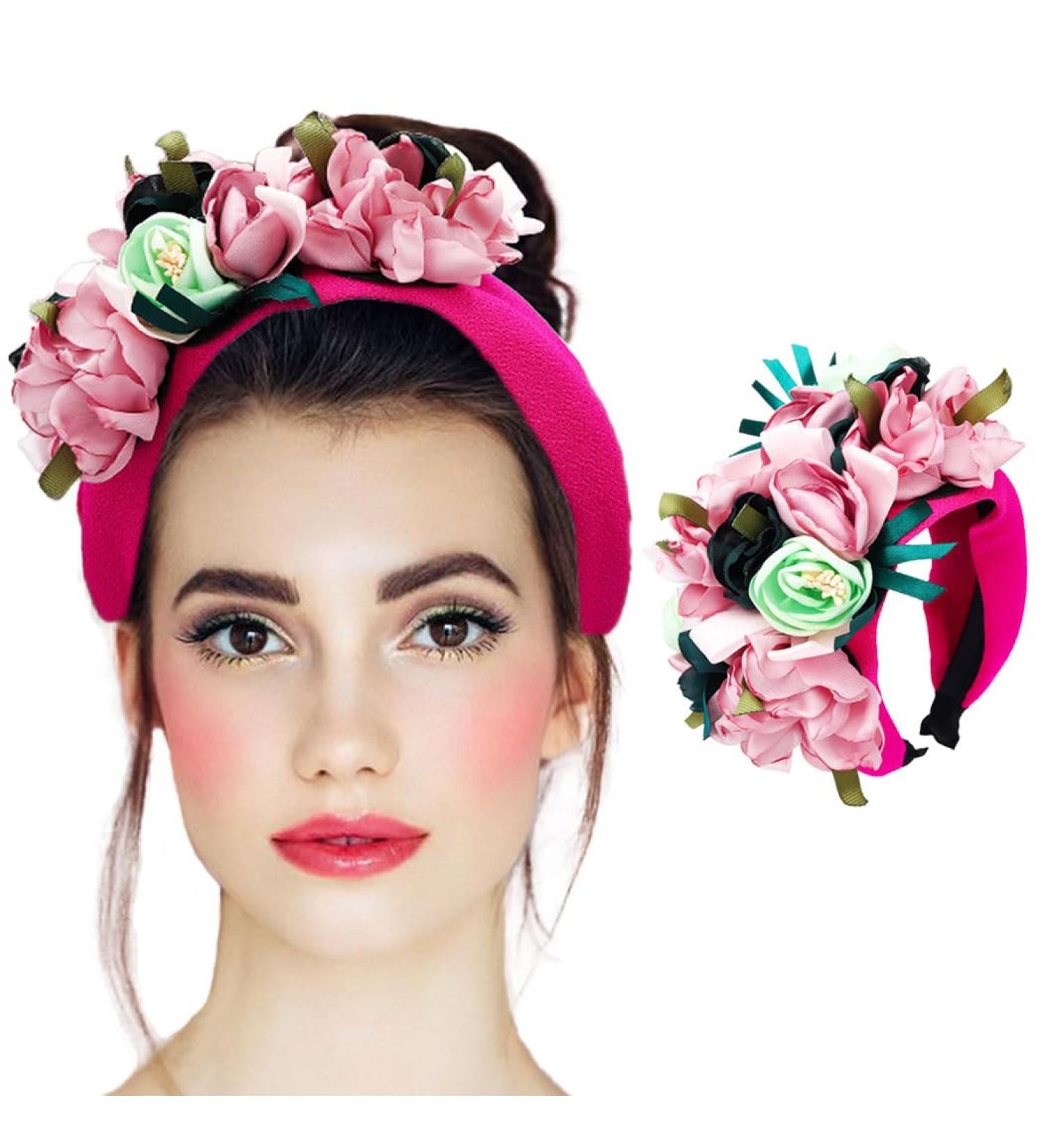 Goresory Pink Rose Flowers Headband Boho Wide Headbands Wedding Floral Hairband Prom Party Festivlal Photo Hair Accessory for Women and Girls - Buy Online on GoSupps.com