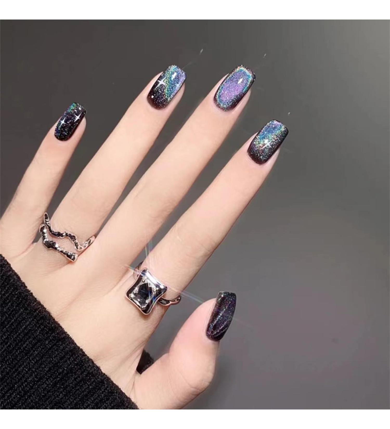 Black Glossy Glitter Press-On Nails - Short Cat Eye Colorful Acrylic Stick-On Nails for Women 24pcs - Buy Online on GoSupps.com