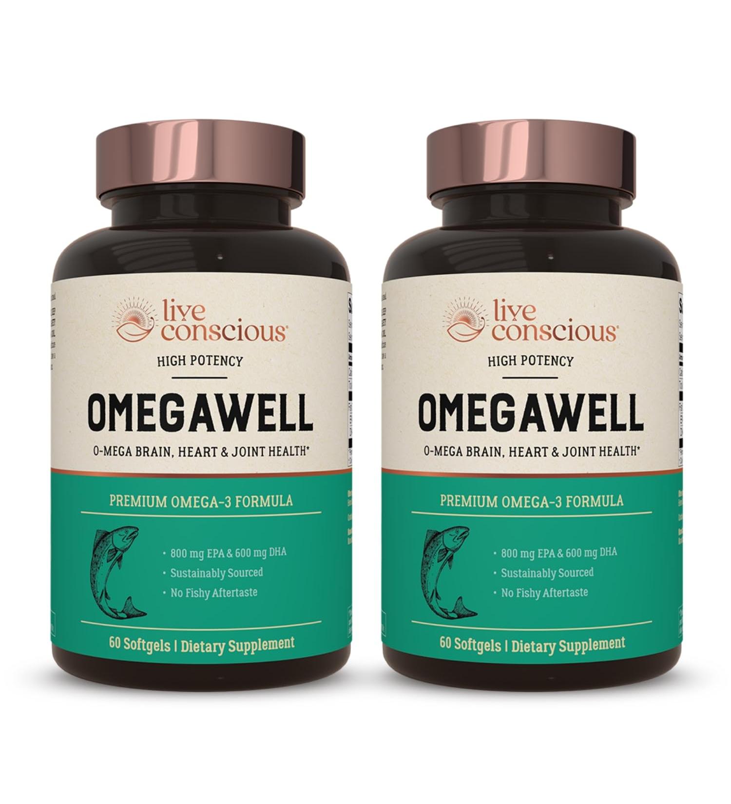 Live Conscious OmegaWell Fish Oil: Heart, Brain, and Joint Support | 800 mg EPA 600 mg DHA - Enteric-Coated, Sustainably Sourced - Easy to Swallow 120 Count (2-Pack) 60 Count (Pack of 2) - Buy Online on GoSupps.com