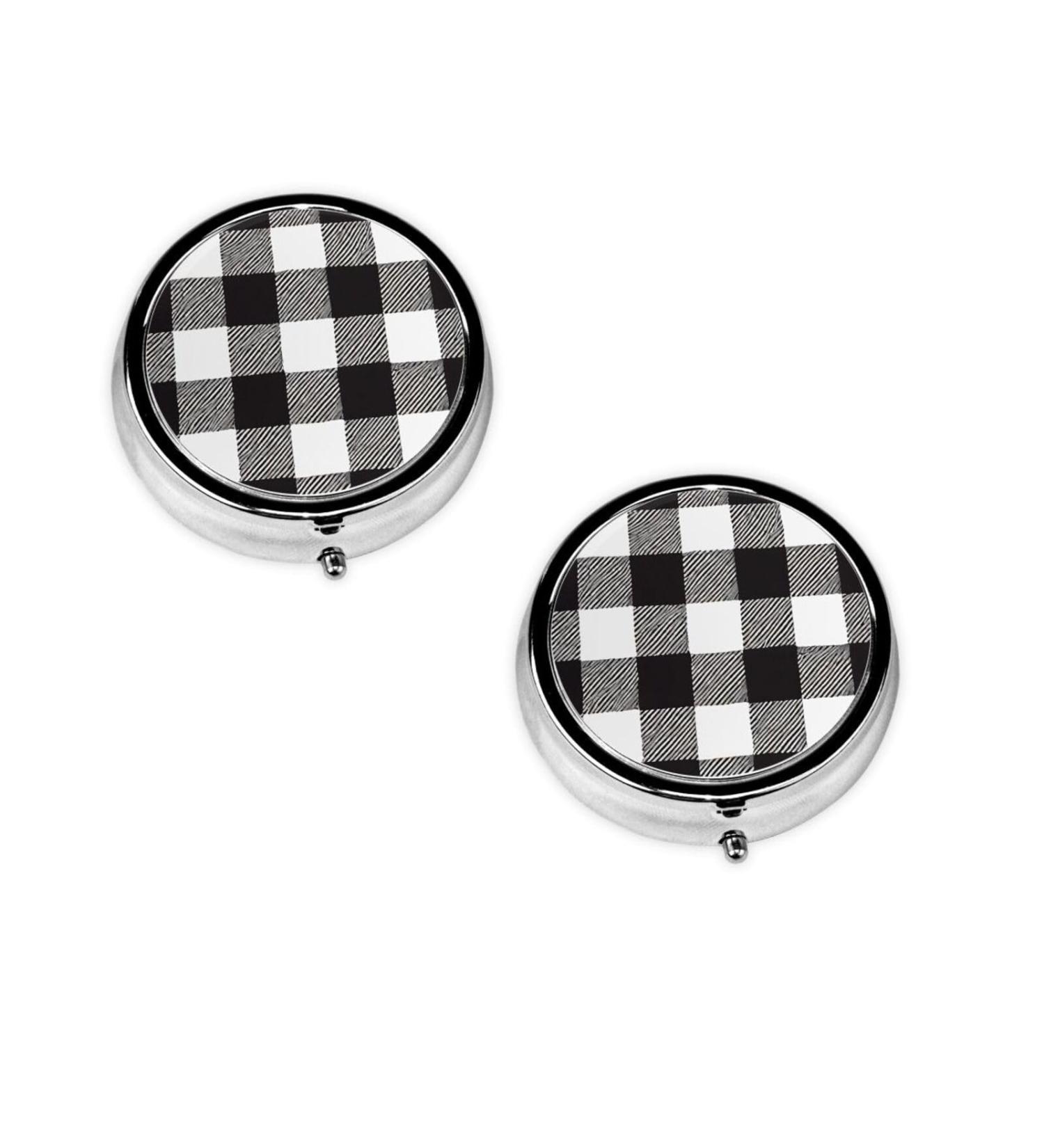 Black and White Plaid Mini Round Pill Box | 3 Compartment Travel Pill Organizer | Portable Medicine Case for Home & Office - Buy Online on GoSupps.com