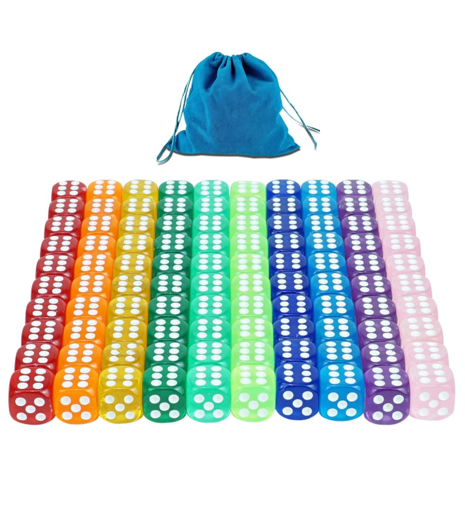 100pcs 16mm Rounded Translucent Game Dice Set with Blue Bag - Perfect for Yahtzee, Tenzi, Farkle, DND, MTG, RPG - Ideal for Math Teaching - Buy Online on GoSupps.com