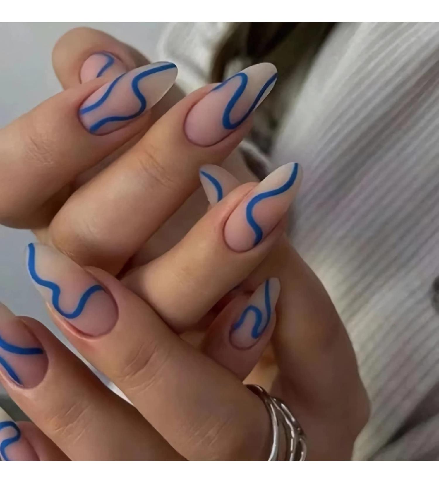 Almond Blue Swirl Press On Stiletto Nails - BABALAL Matte Acrylic with Design - Buy Online on GoSupps.com