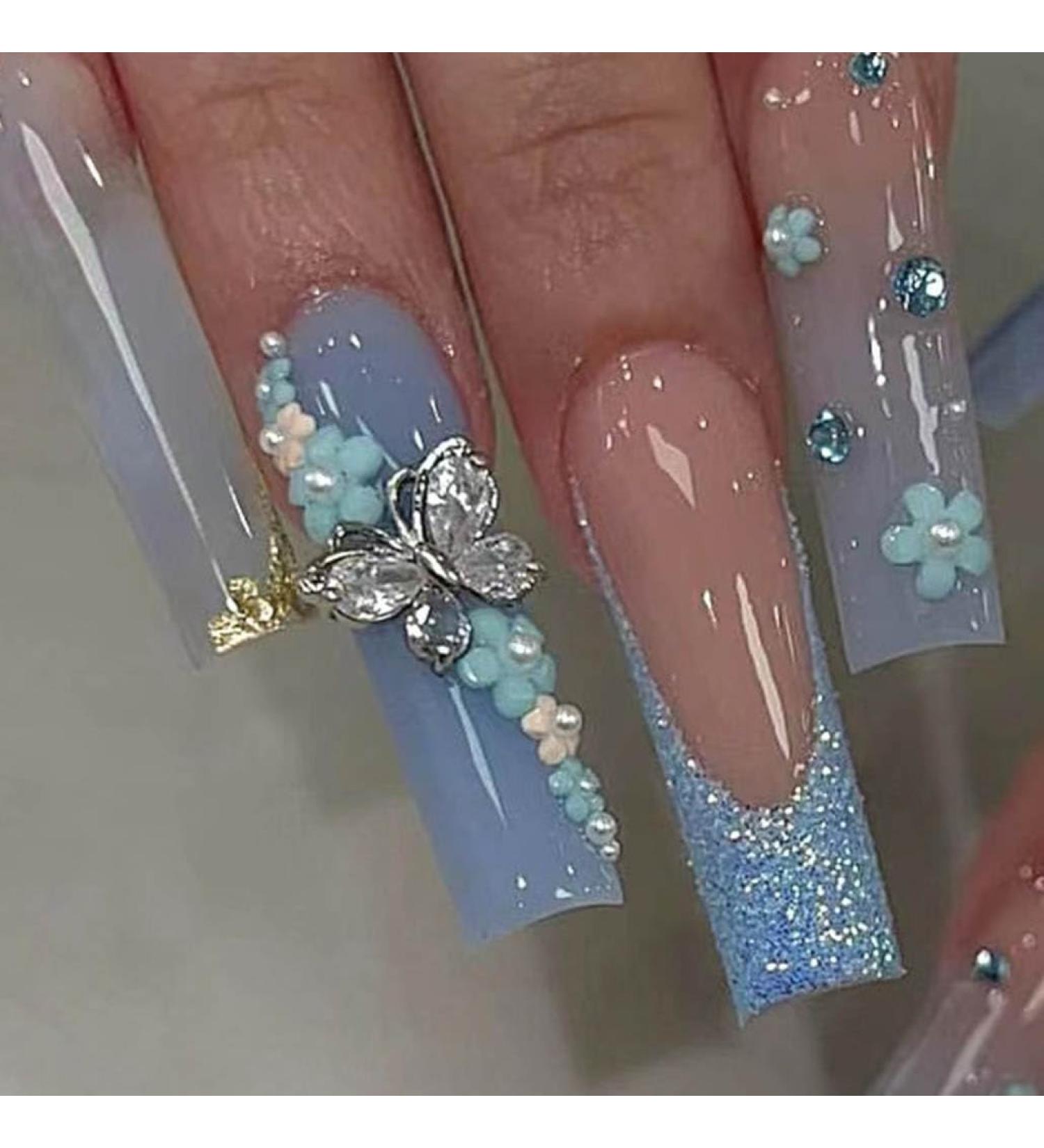 Foccna Butterfly Blue Fake Nails - Long Square French Press on Nails with Rhinestones | 24pcs Glossy Manicure Tips for Women & Girls - Buy Online on GoSupps.com