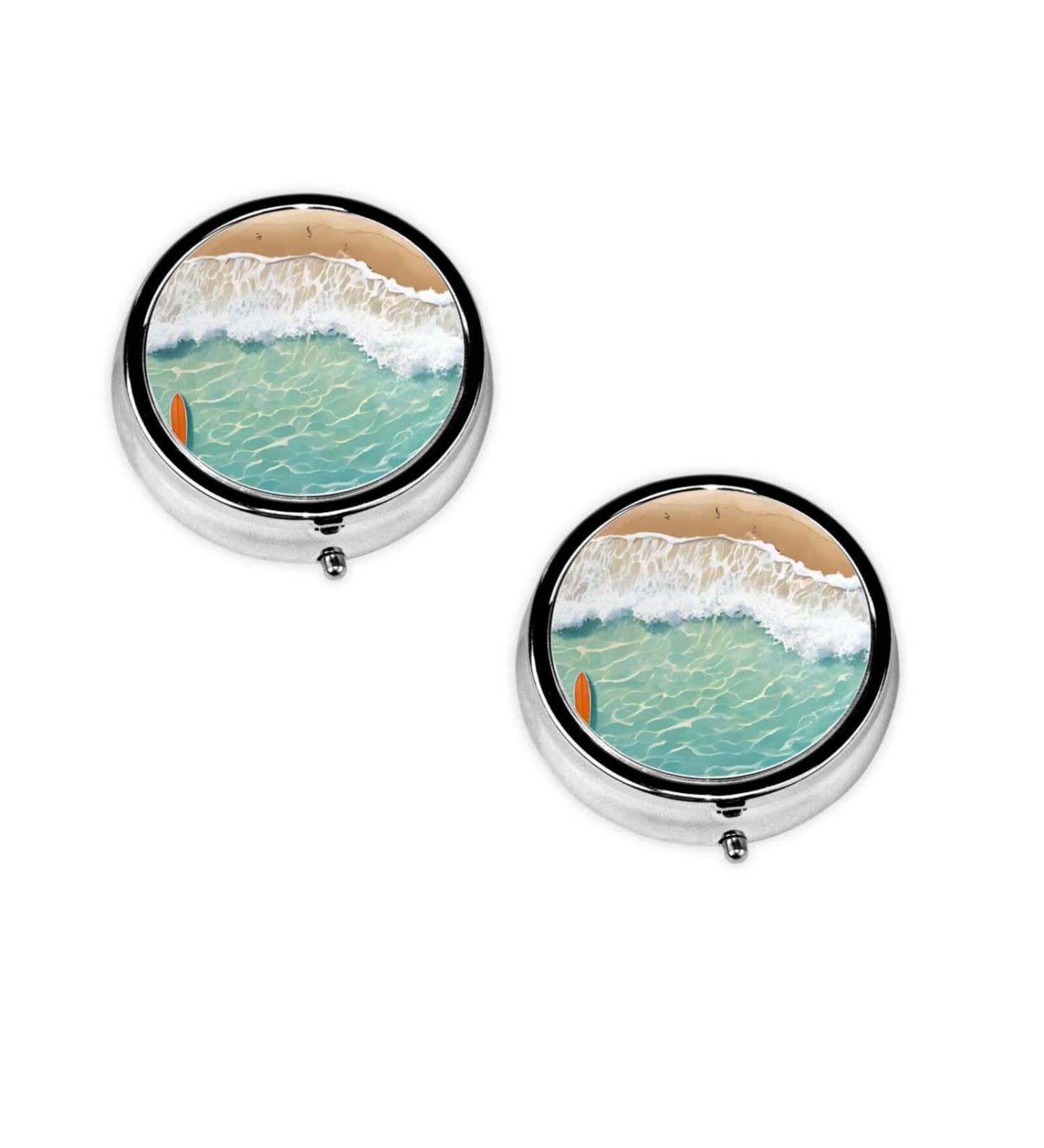 Romantic Beach Pattern Round Pill Box | 3 Compartment Travel Medicine Organizer | Mini Decorative Pocket Purse for Vitamins & Tablets - Buy Online on GoSupps.com