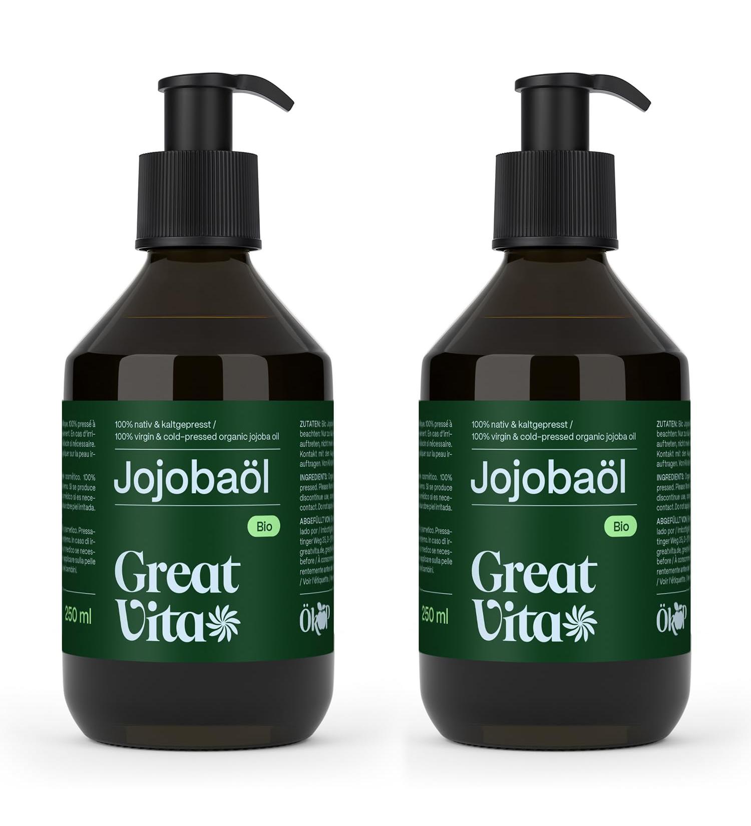  Mea Vita VitaFeel Organic Gold Jojoba Oil 2 x 250 ml with pump | 100% pure and cold-pressed Moisturizing care for skin and hair | Carrier oil for massage and aromatherapy Dry skin and - Buy Online on GoSupps.com