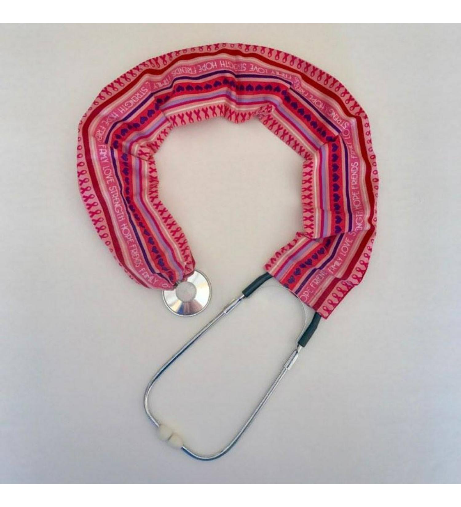 Stethoscope Covers Handmade Variety Patterns Colors 100% Cotton Scrunchie (Breast Cancer Awareness Stripes with Purple Hearts)