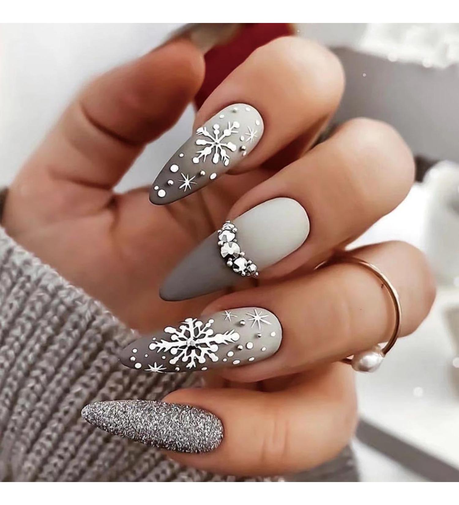 SINLOV Christmas Snowflakes Almond False Nails French Crystal Fake Nails Matte Press on Nails Ballerina Acrylic Full Cover Fake Nails for Women and Girls - Buy Online on GoSupps.com