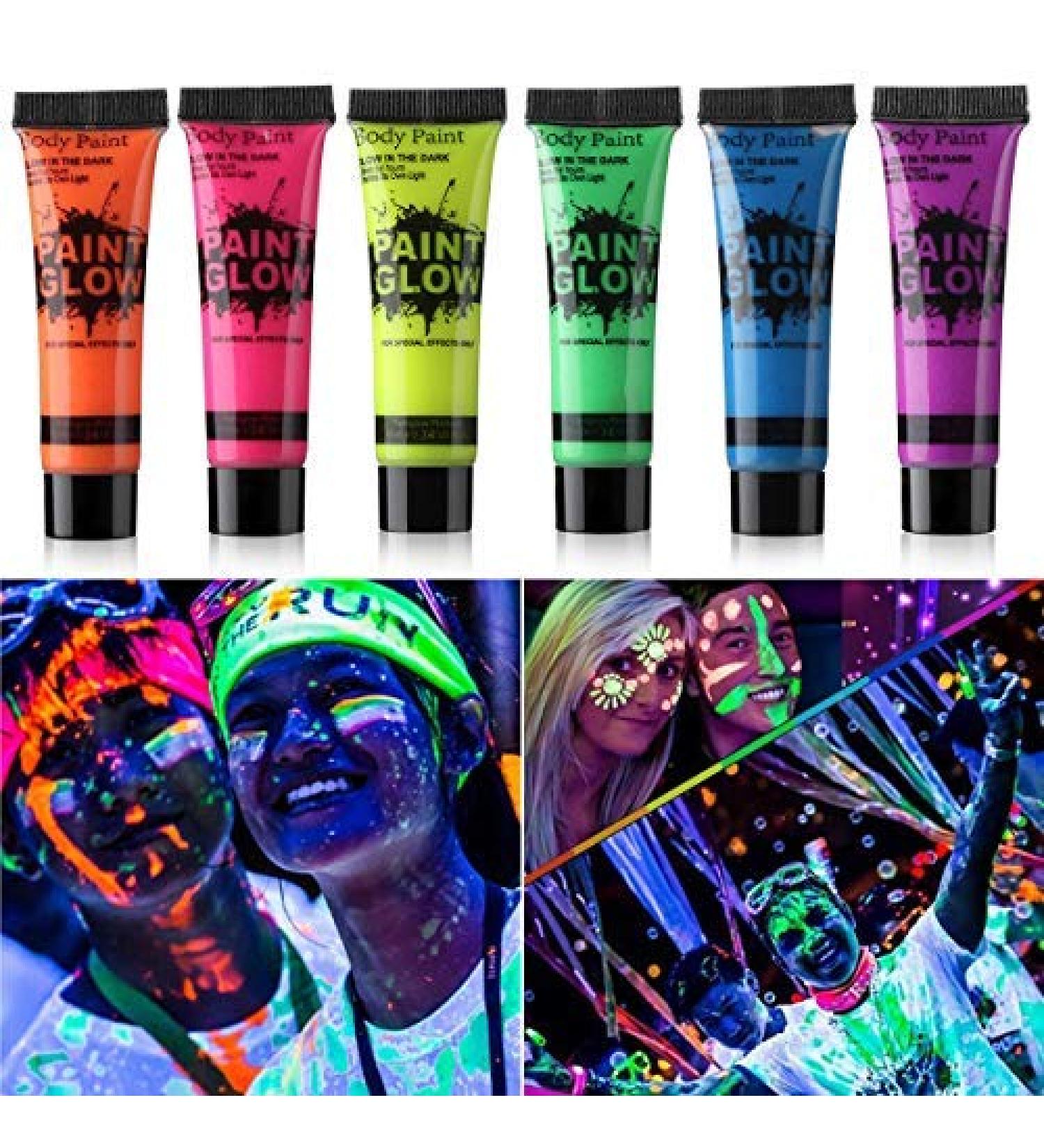 Amareu Glow in Dark Body Paint Body&Face Glow Backlight Neon Fluorescent 0.34oz Set of 6 Tubes